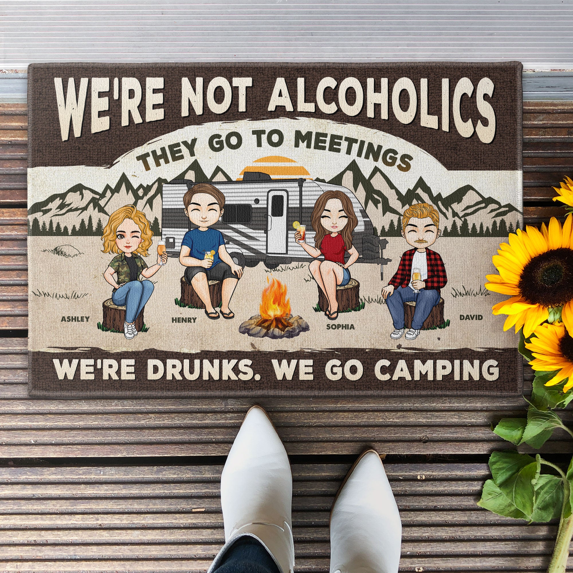 We're Not Alcoholics. We Go Camping. - Personalized Doormat