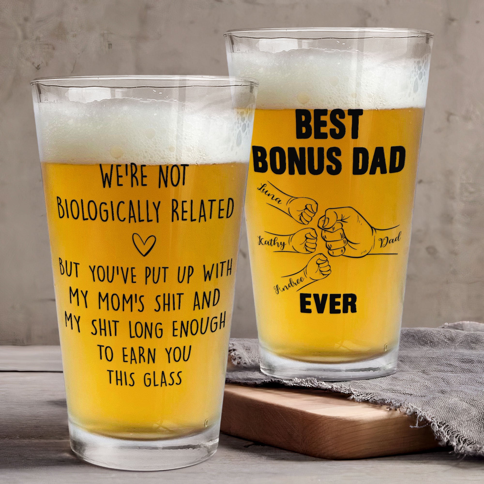 We're Not Biologically Related Bonus Dad Step Dad Gift - Personalized Beer Glass