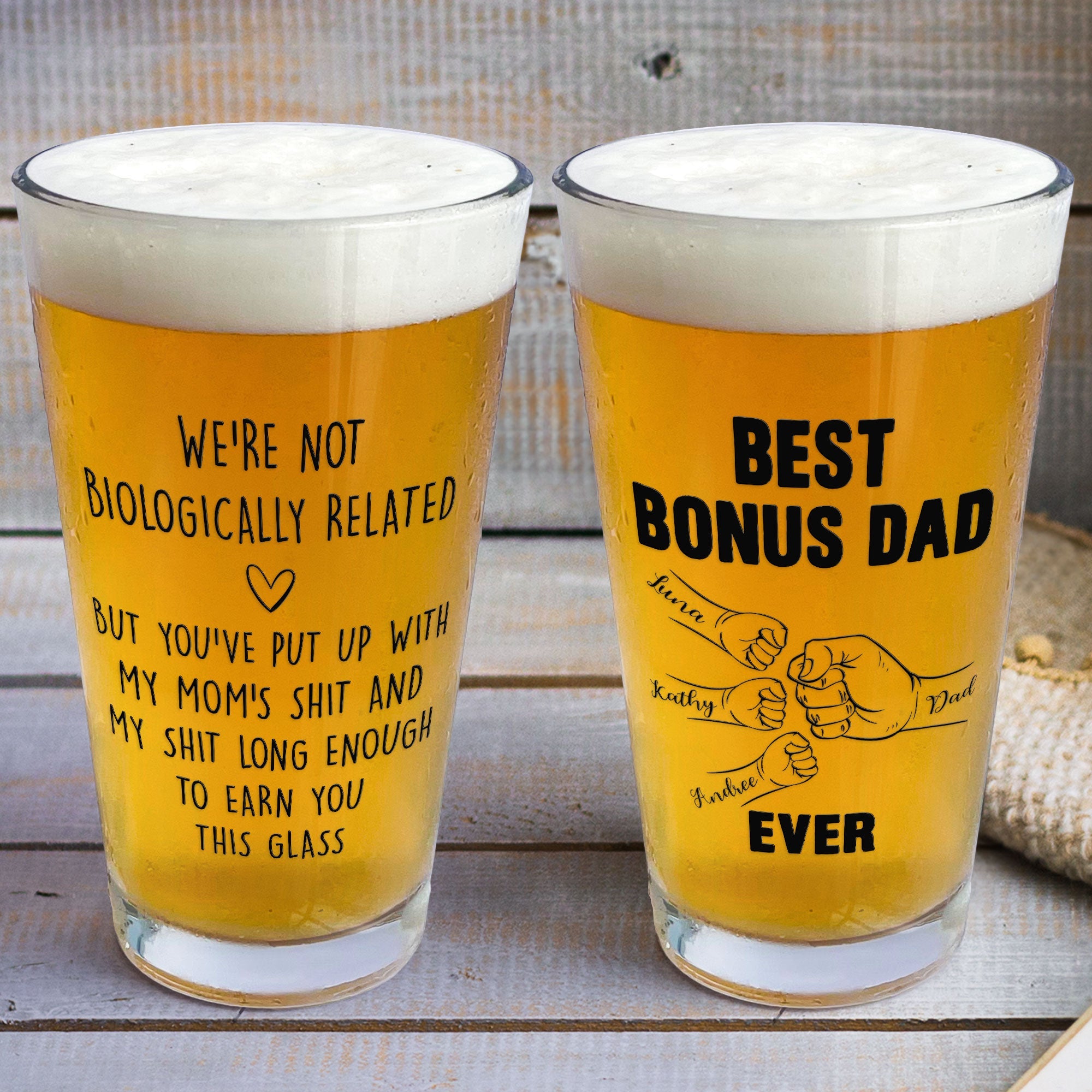 We're Not Biologically Related Bonus Dad Step Dad Gift - Personalized Beer Glass