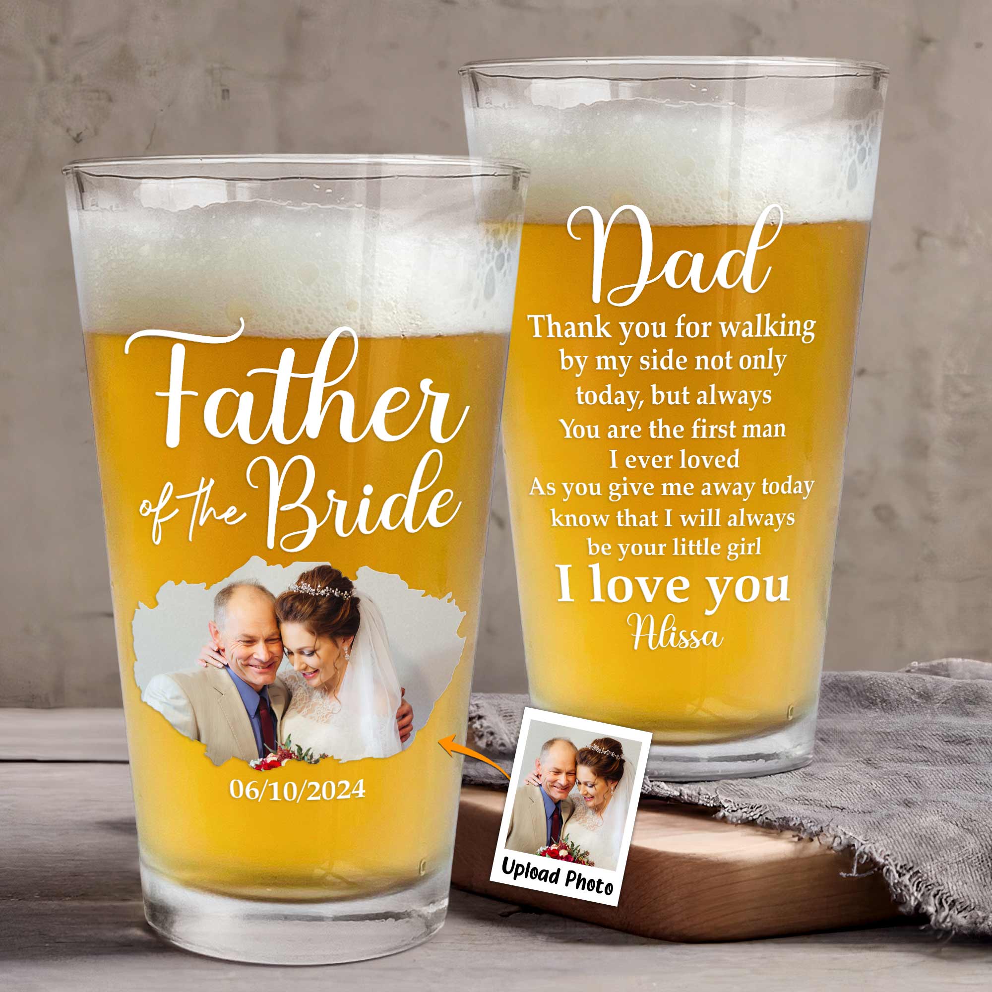 Wedding Gift For Father Of The Bride - Personalized Photo Beer Glass