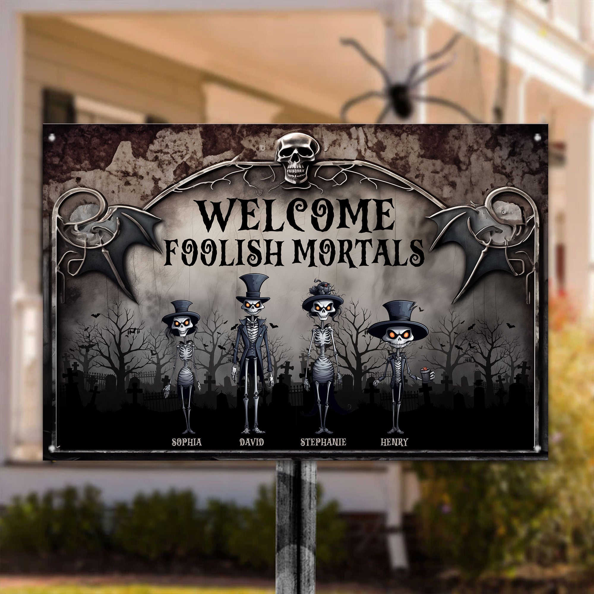 Welcome Foolish Mortals. Skeleton Family - Personalized Metal Sign