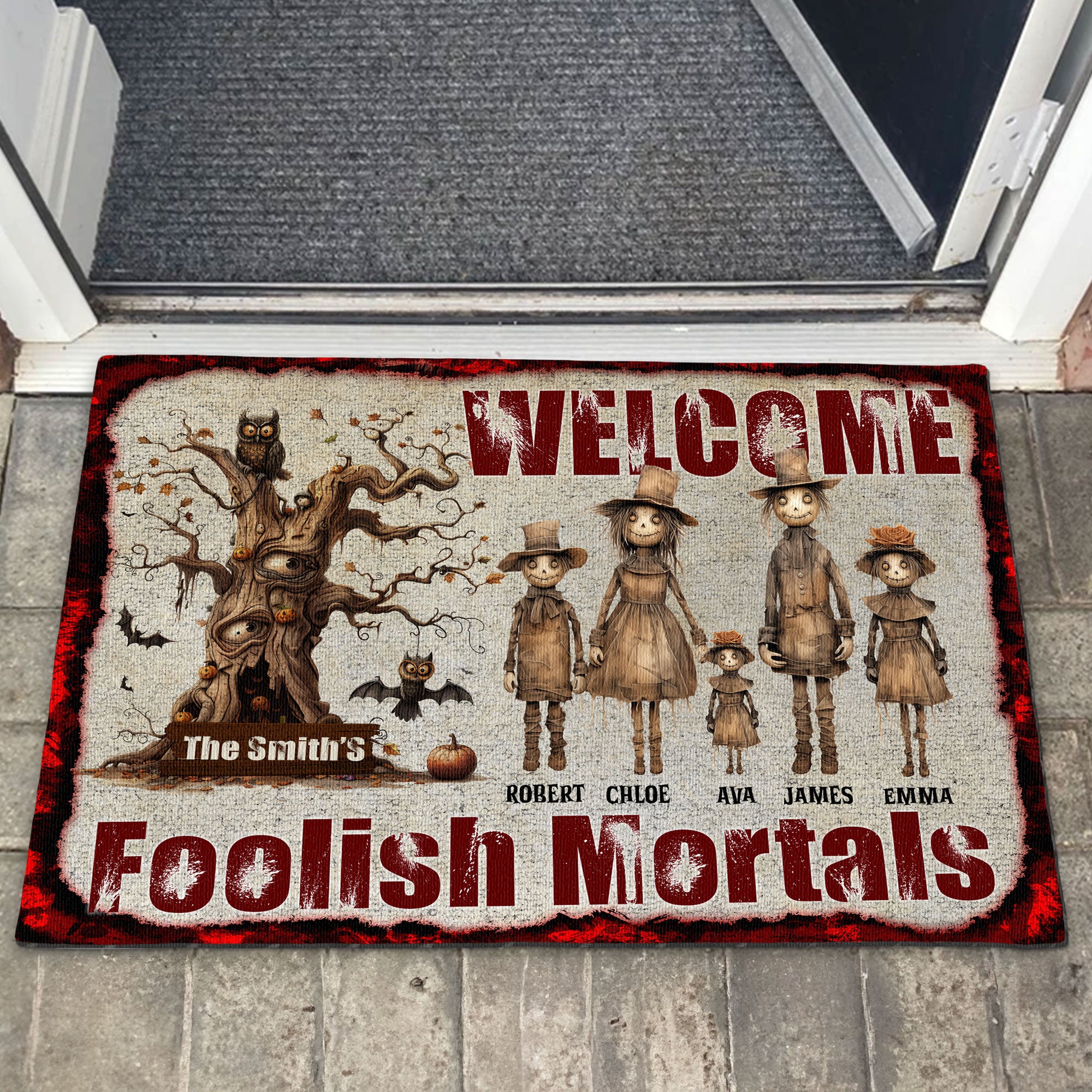 Welcome Mortals. Scarecrow Family. - Personalized Doormat