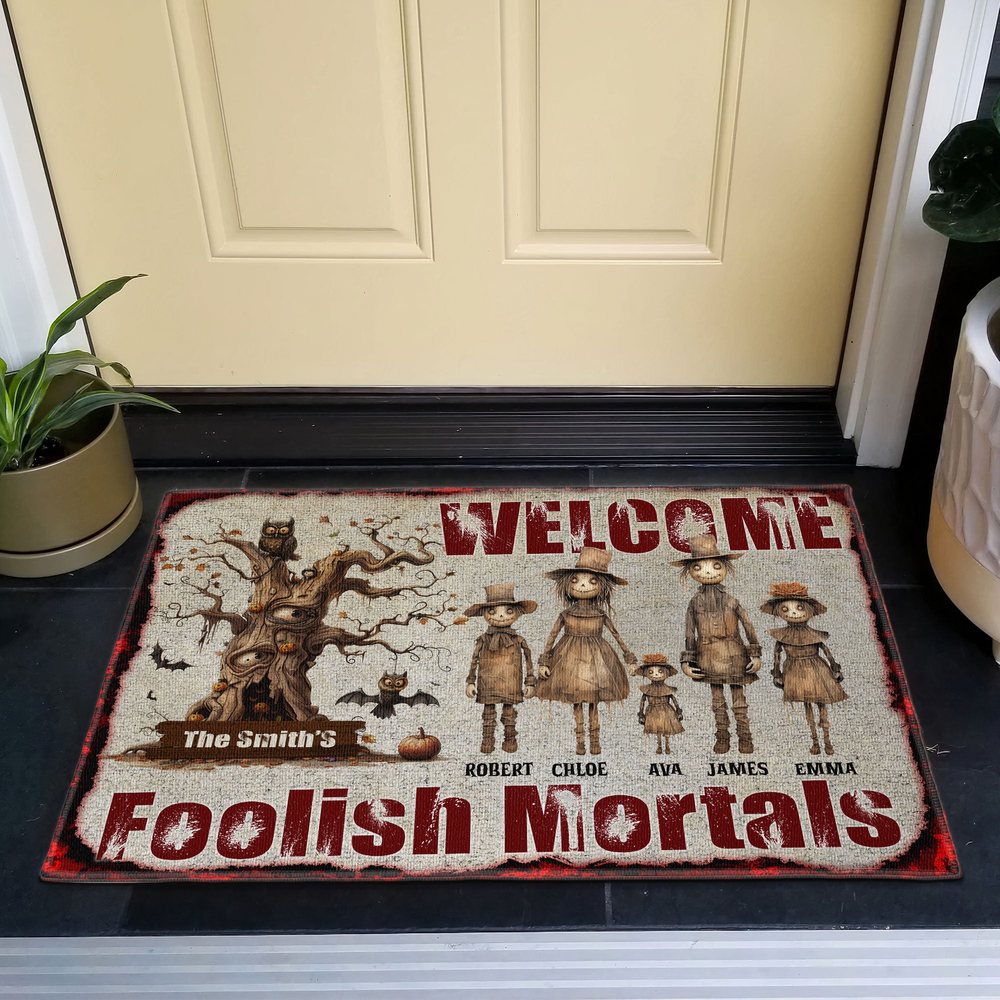 Welcome Mortals. Scarecrow Family. - Personalized Doormat