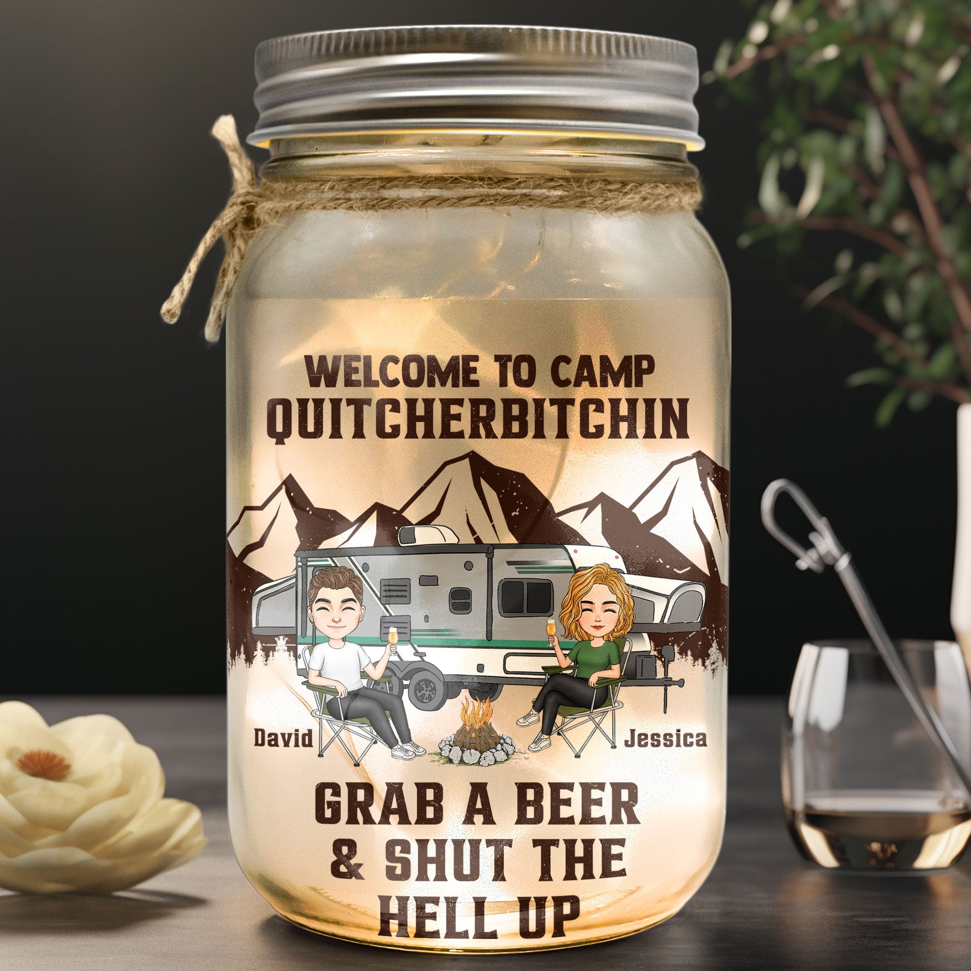 Welcome To Camp Quitcherbitchins - Personalized Mason Jar Light