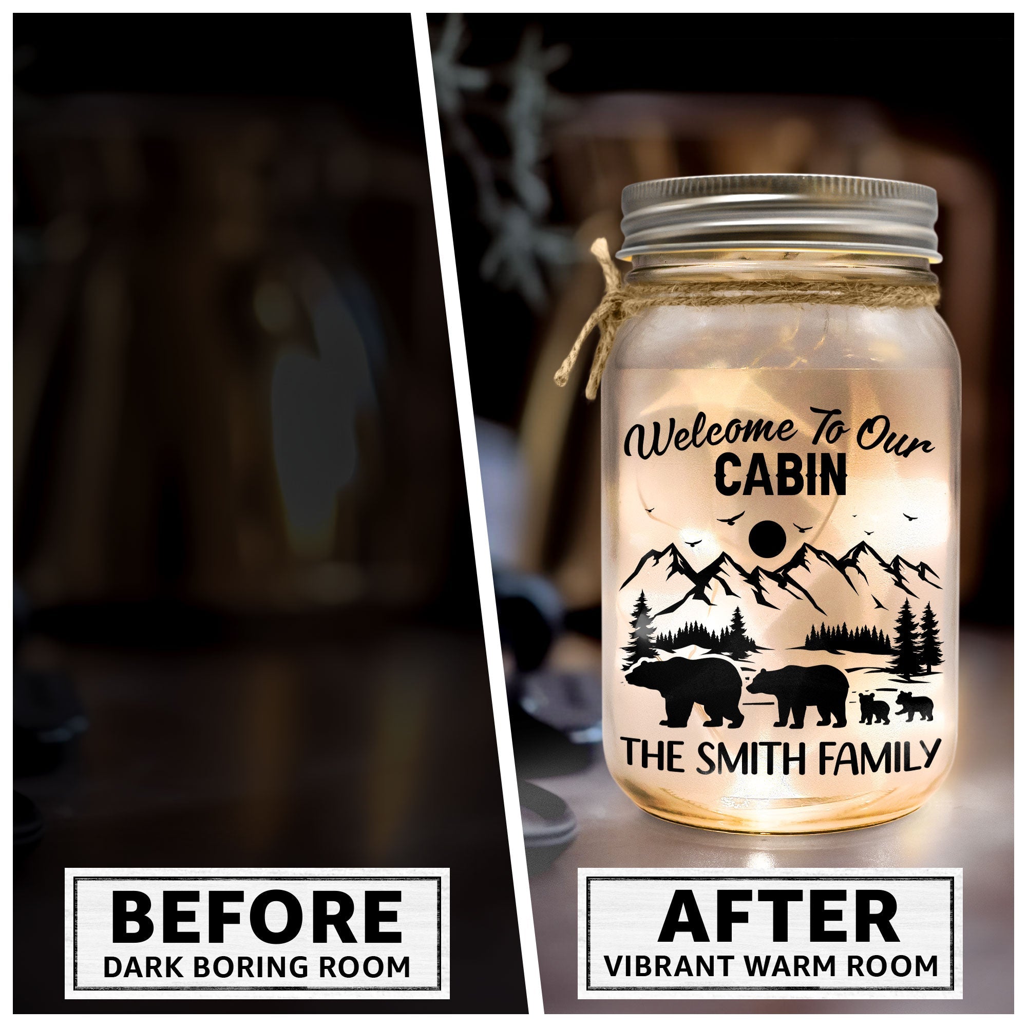 Welcome To Our Cabin- Personalized Mason Jar Night Light