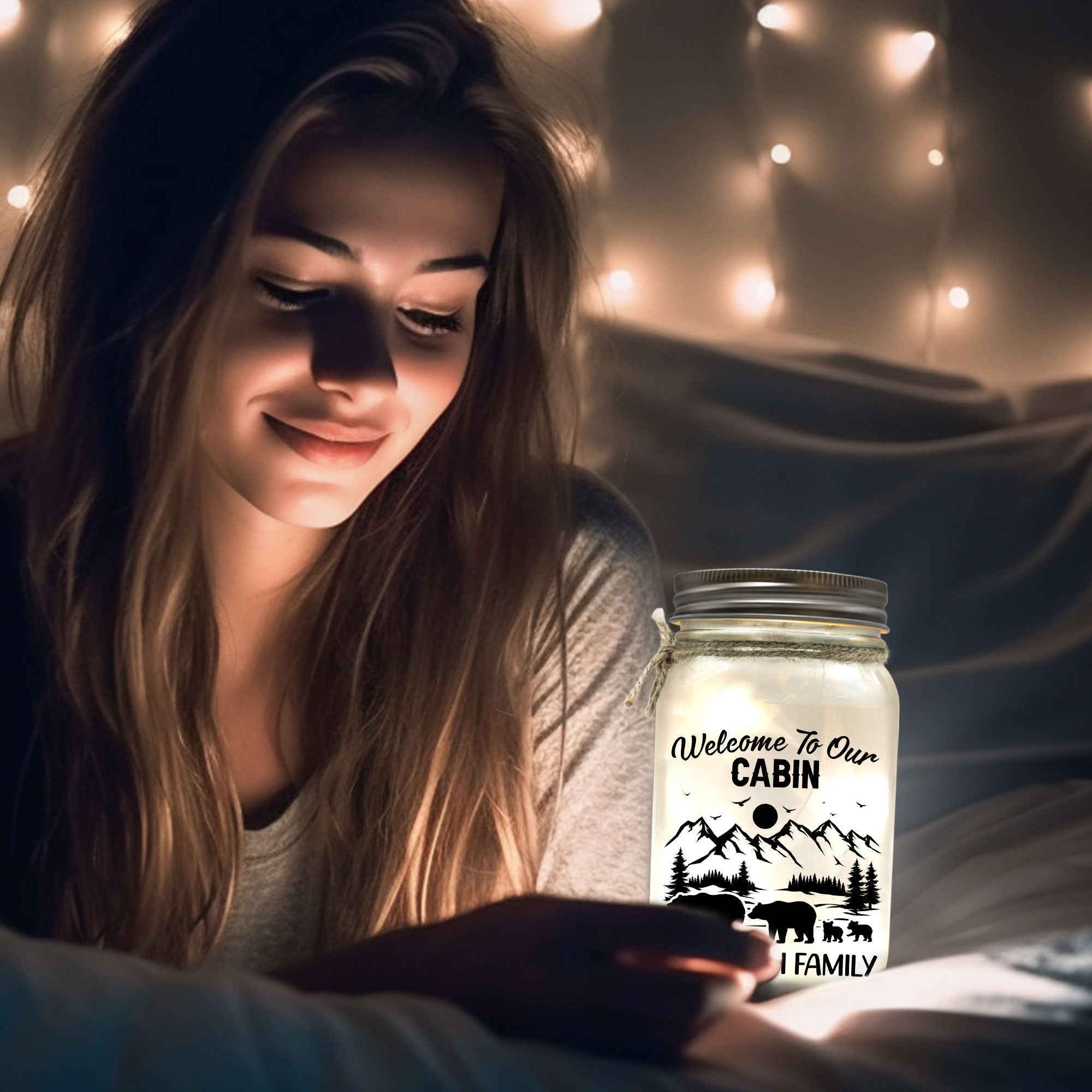 Welcome To Our Cabin- Personalized Mason Jar Night Light