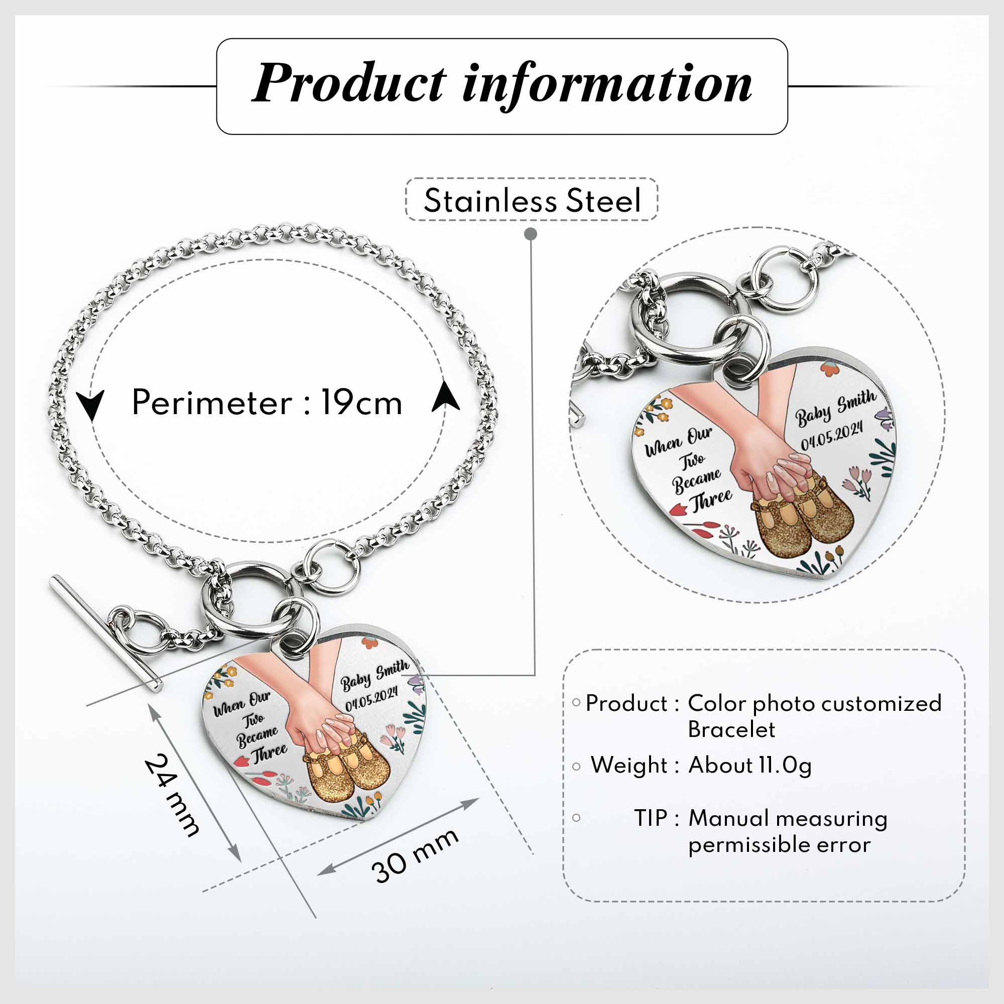 When Our Two Became Three - Personalized Heart Bracelet