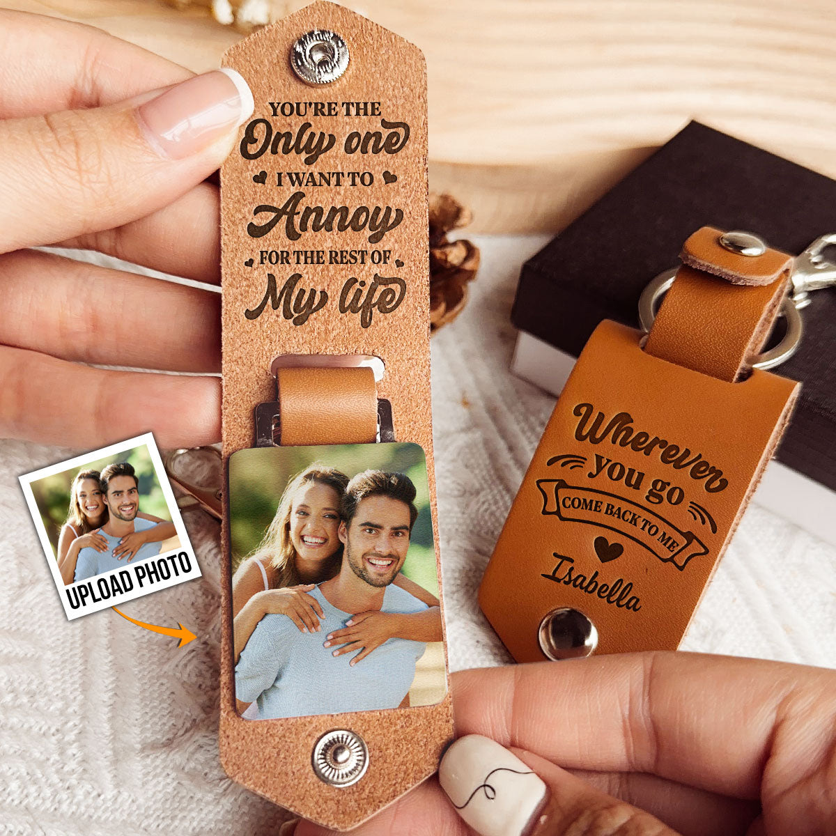 Wherever You Go, Come Back To Me - Personalized Leather Photo Keychain