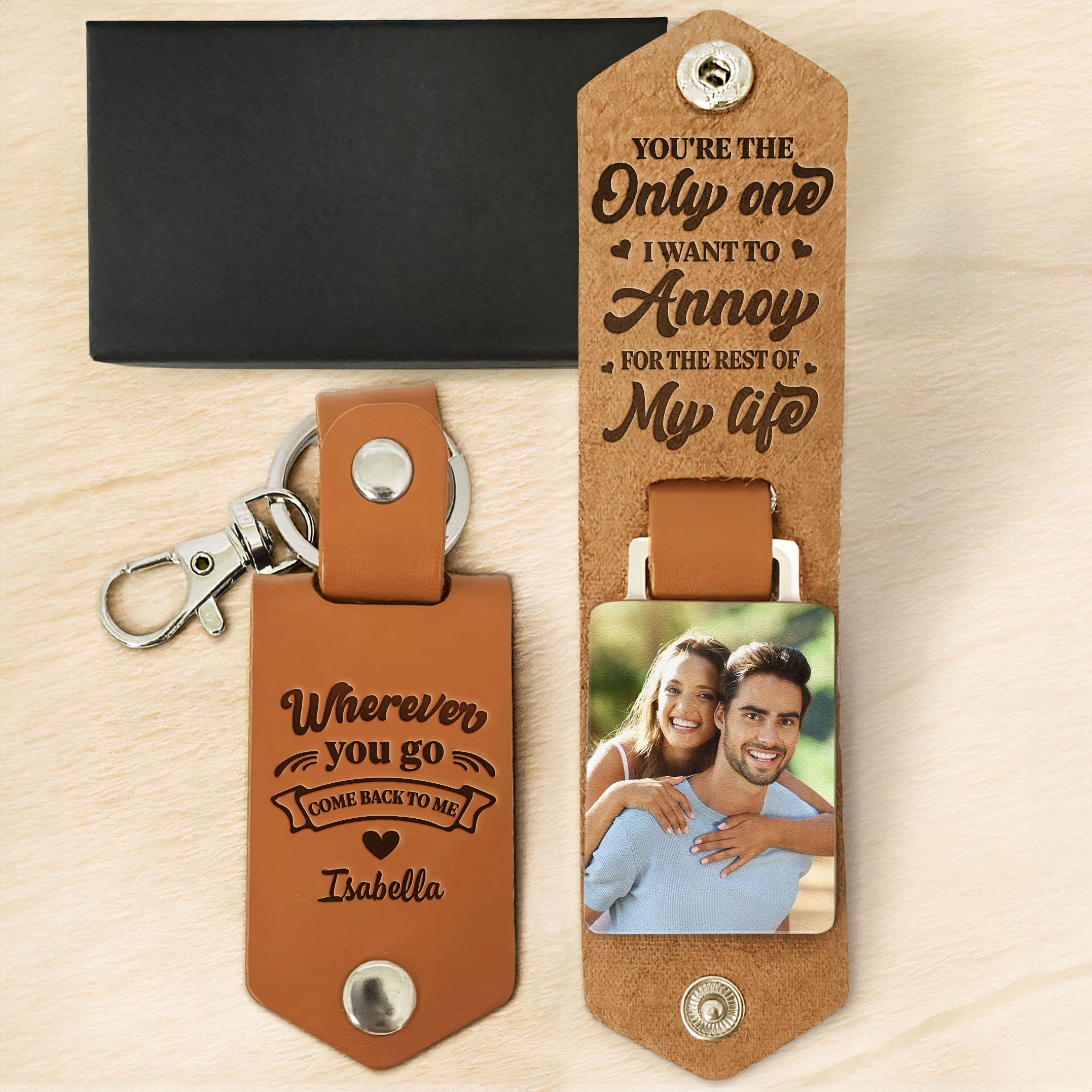 Wherever You Go, Come Back To Me - Personalized Leather Photo Keychain