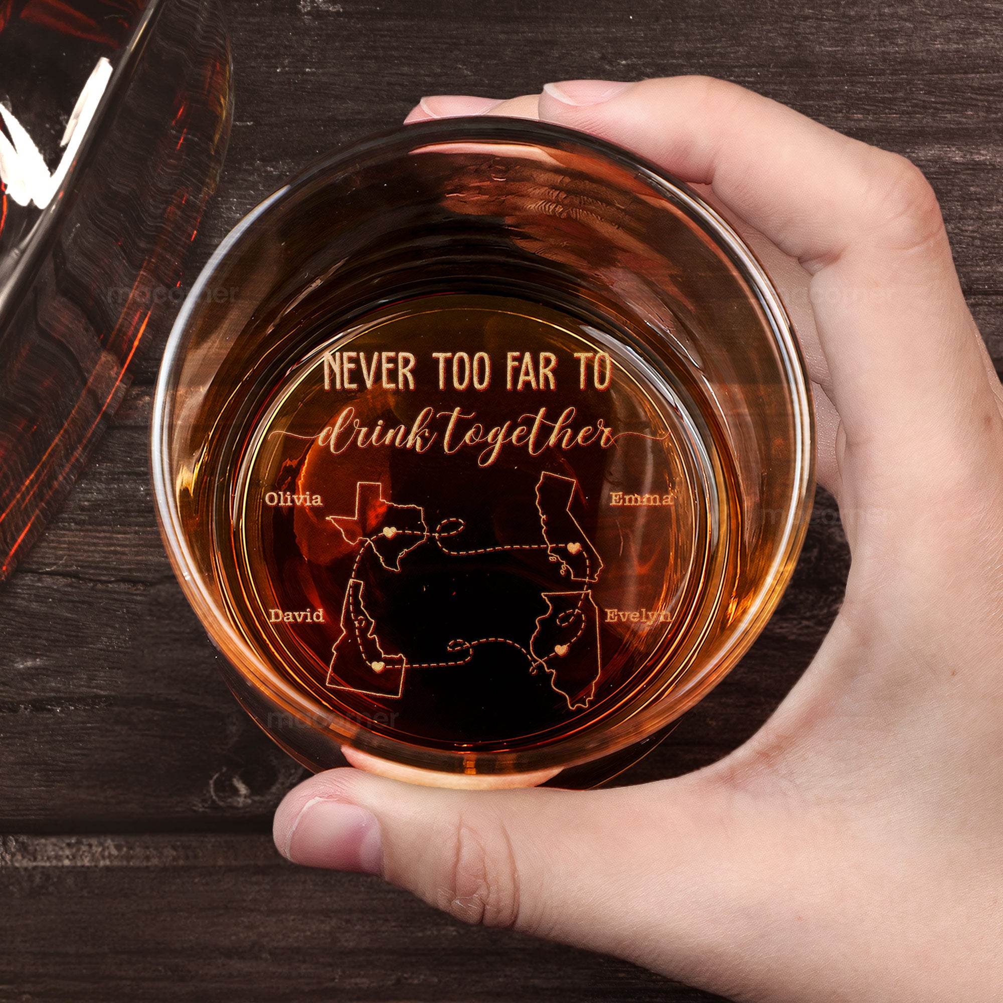 Whiskey Glass Never Too Far To Drink Together - Personalized Engraved Whiskey Glass