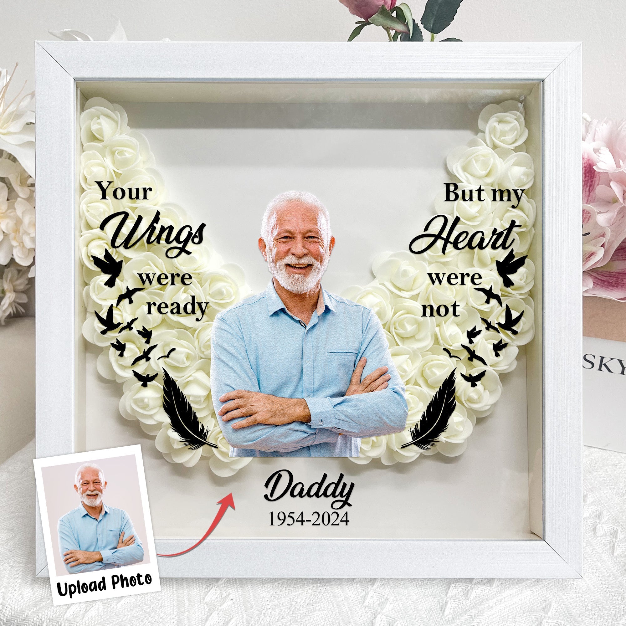 Wing-shaped Memorial Gift - Personalized Photo Flower Shadow Box