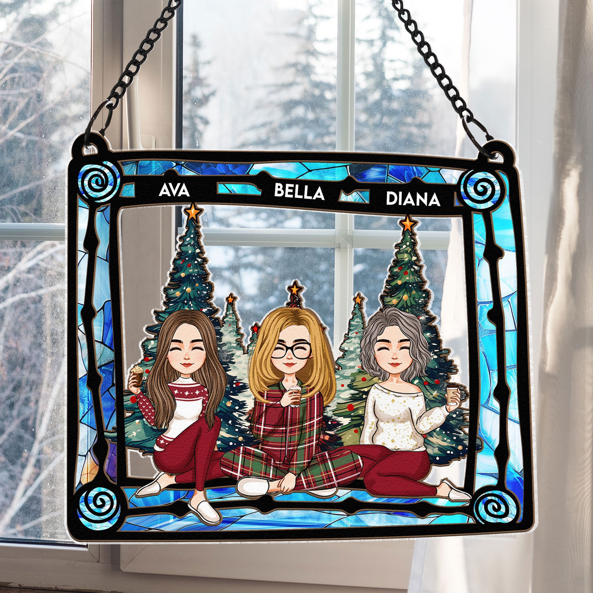 With Mom Under Christmas Tree - Personalized Window Hanging Suncatcher Ornament