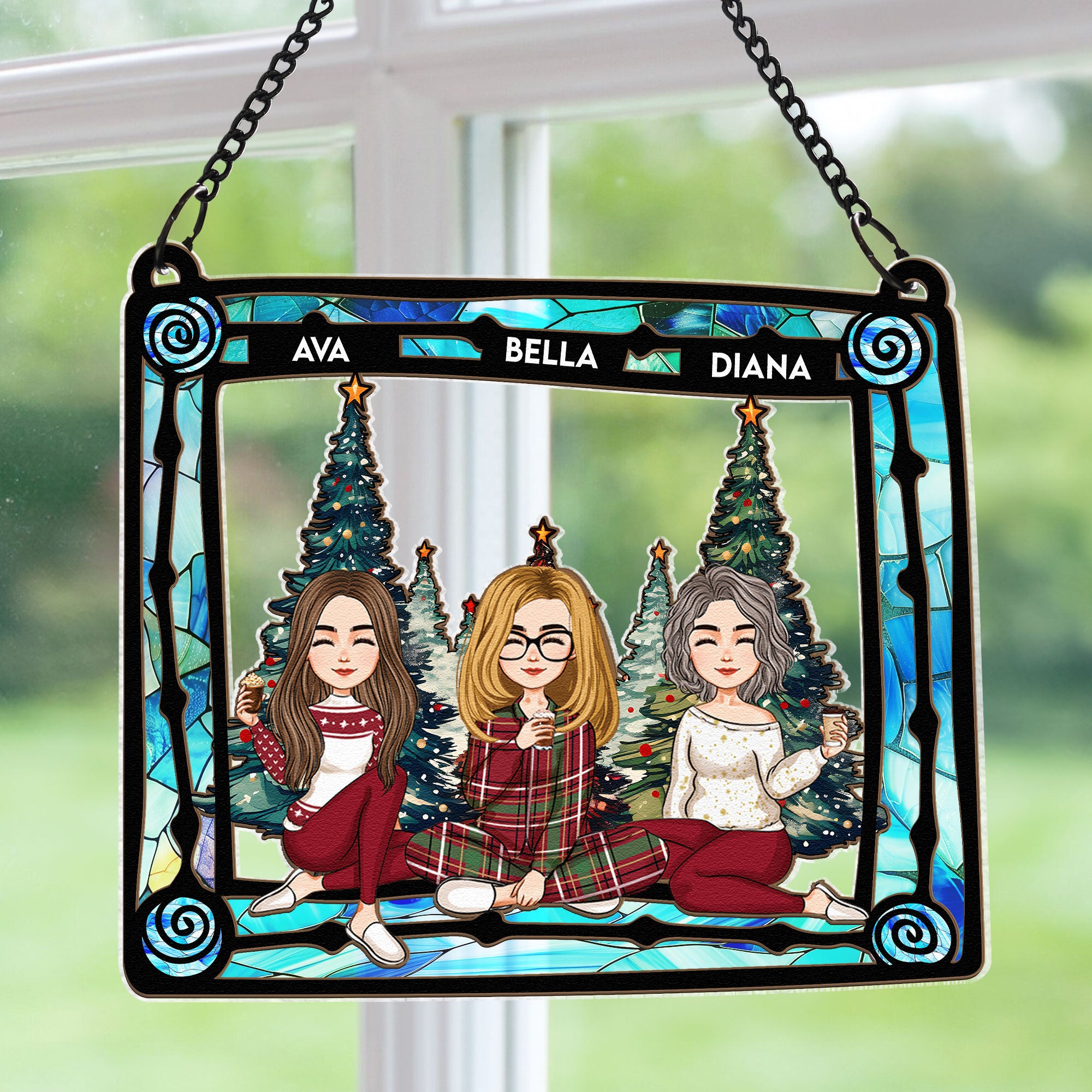 With Mom Under Christmas Tree - Personalized Window Hanging Suncatcher Ornament