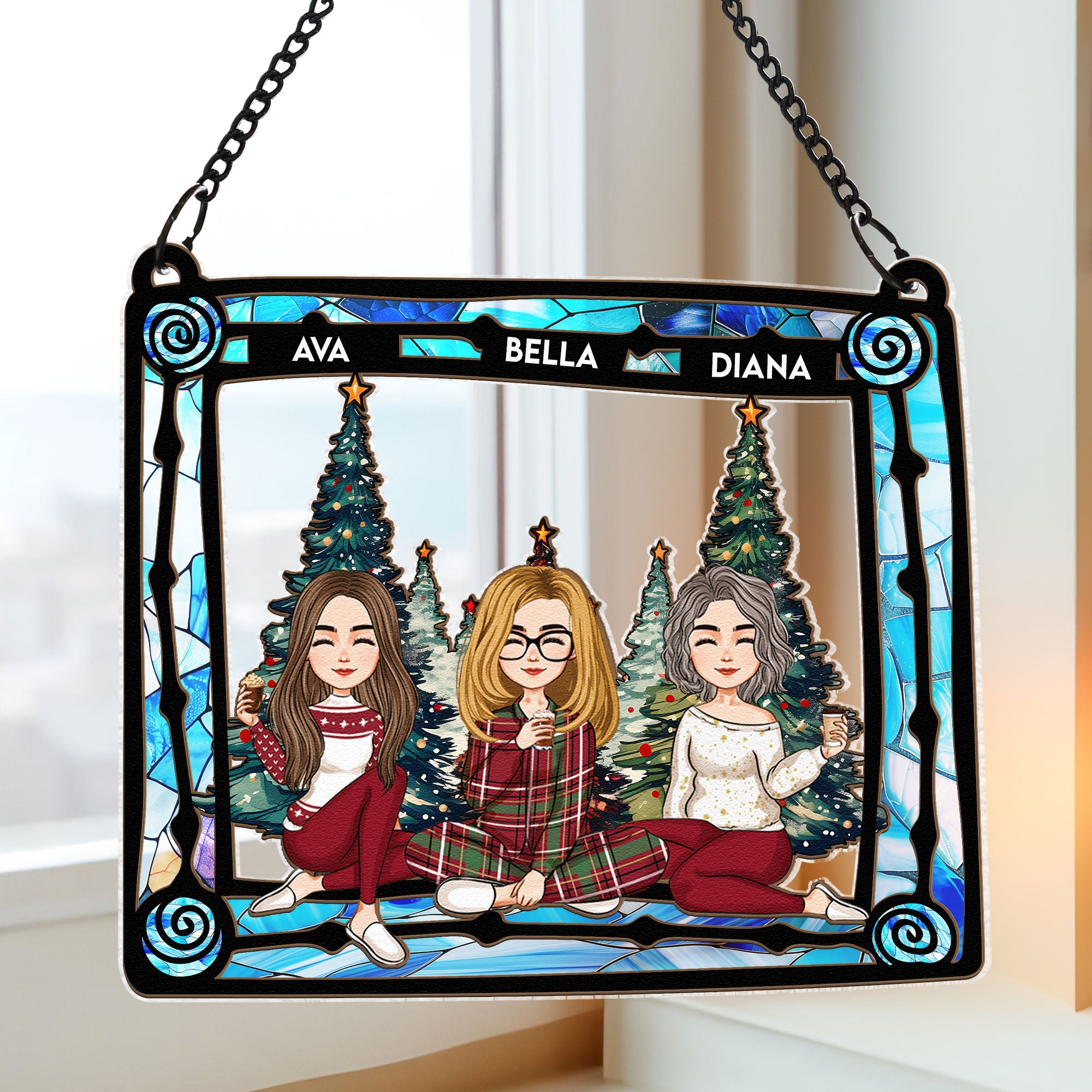 With Mom Under Christmas Tree - Personalized Window Hanging Suncatcher Ornament