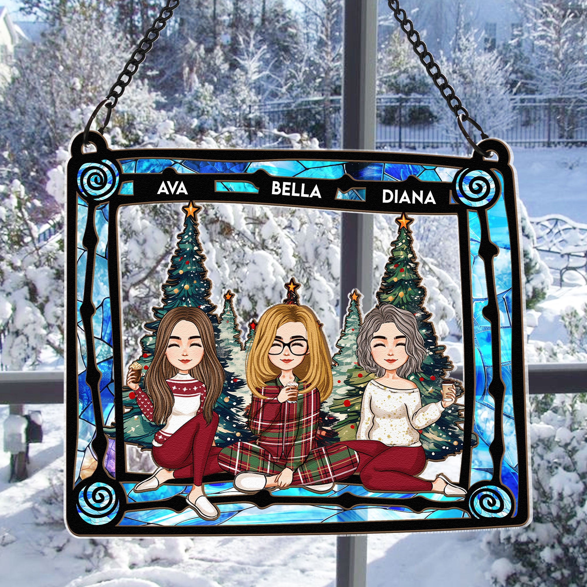 With Mom Under Christmas Tree - Personalized Window Hanging Suncatcher Ornament