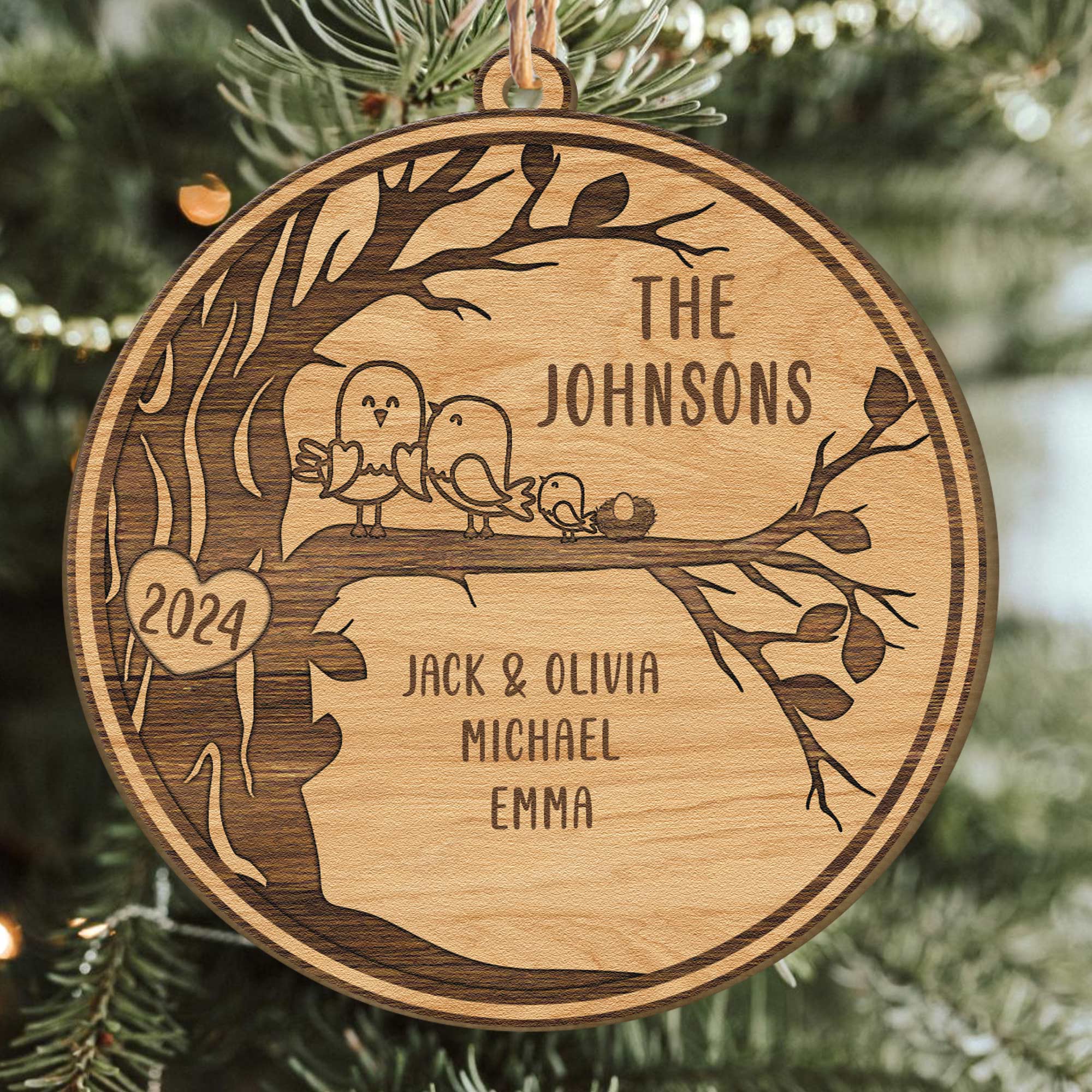 Bird Family - Personalized Wooden Ornament