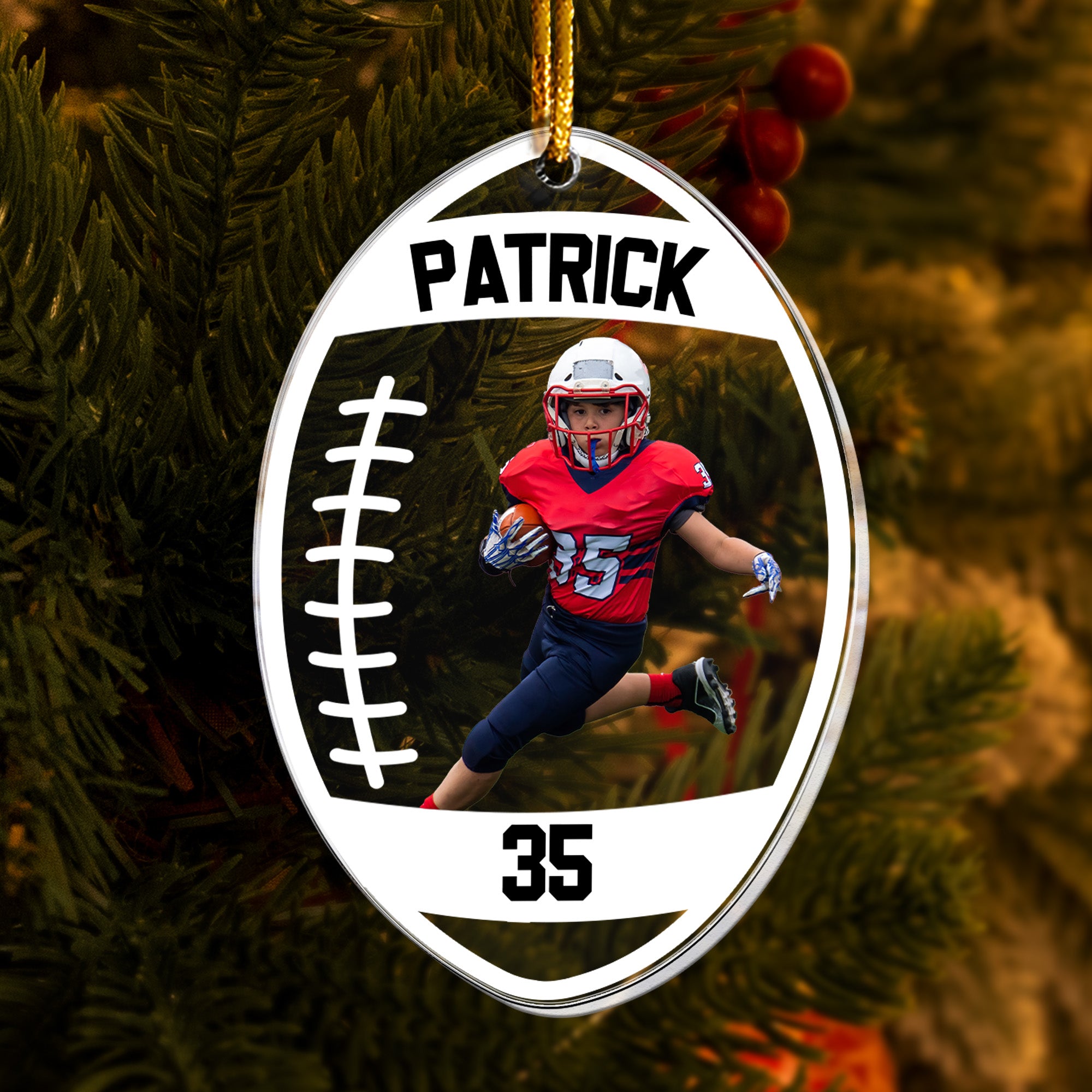 Xmas Football Ball Shape Custom Name Number - Personalized Acrylic Photo Ornament