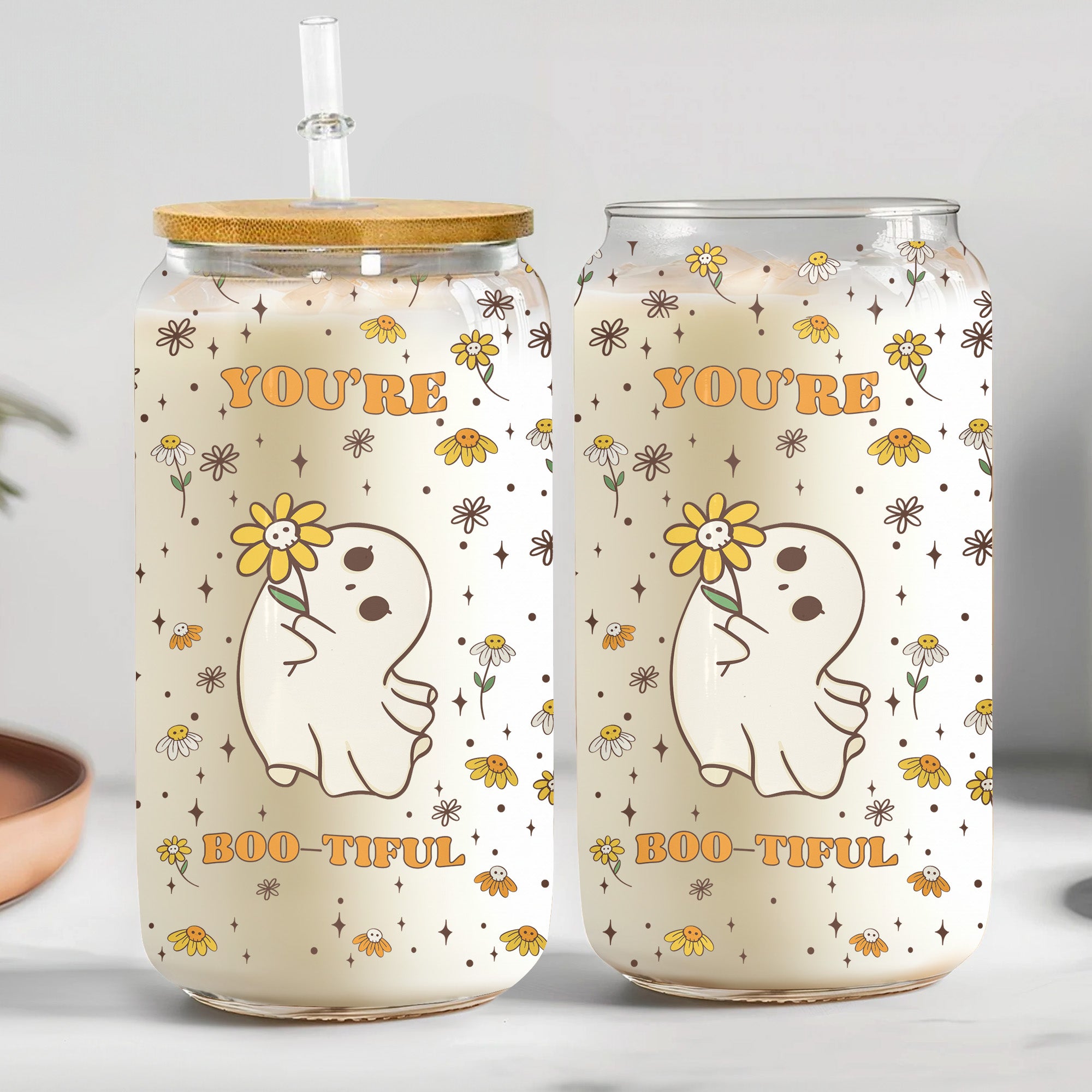 You Are Boo-Tiful Halloween Boo With Daisy Flower - Personalized Clear Glass Cup