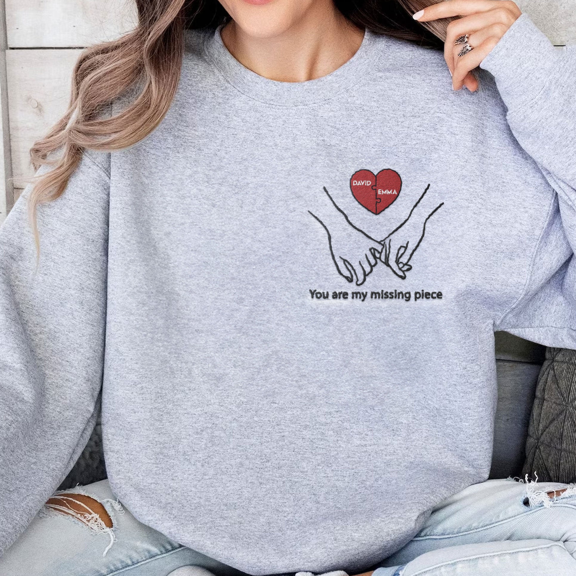 You Are My Missing Piece Couple Gift - Personalized Embroidered Sweatshirt