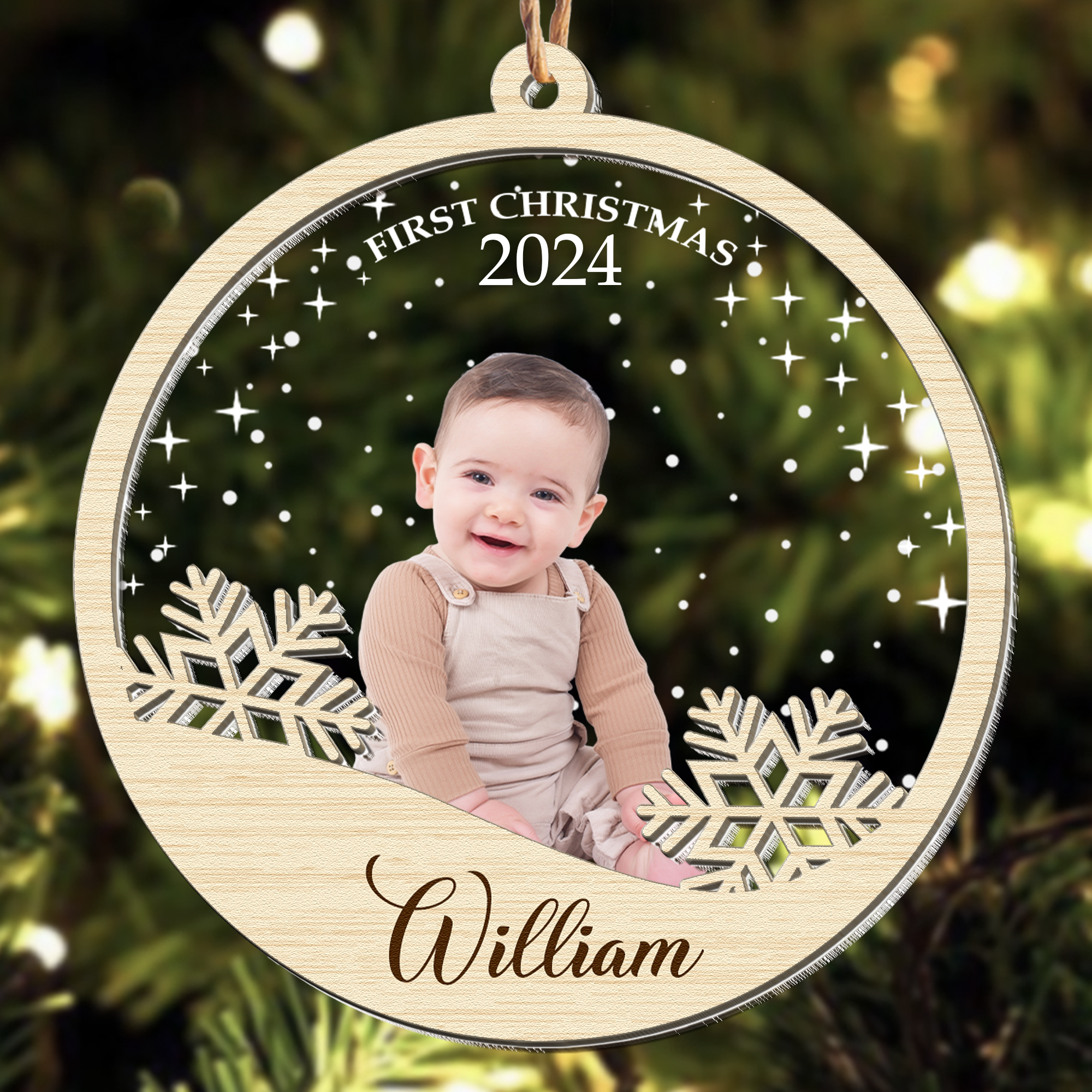 Baby's First Christmas With Snowflake - Personalized Photo Wood And Acrylic Ornament