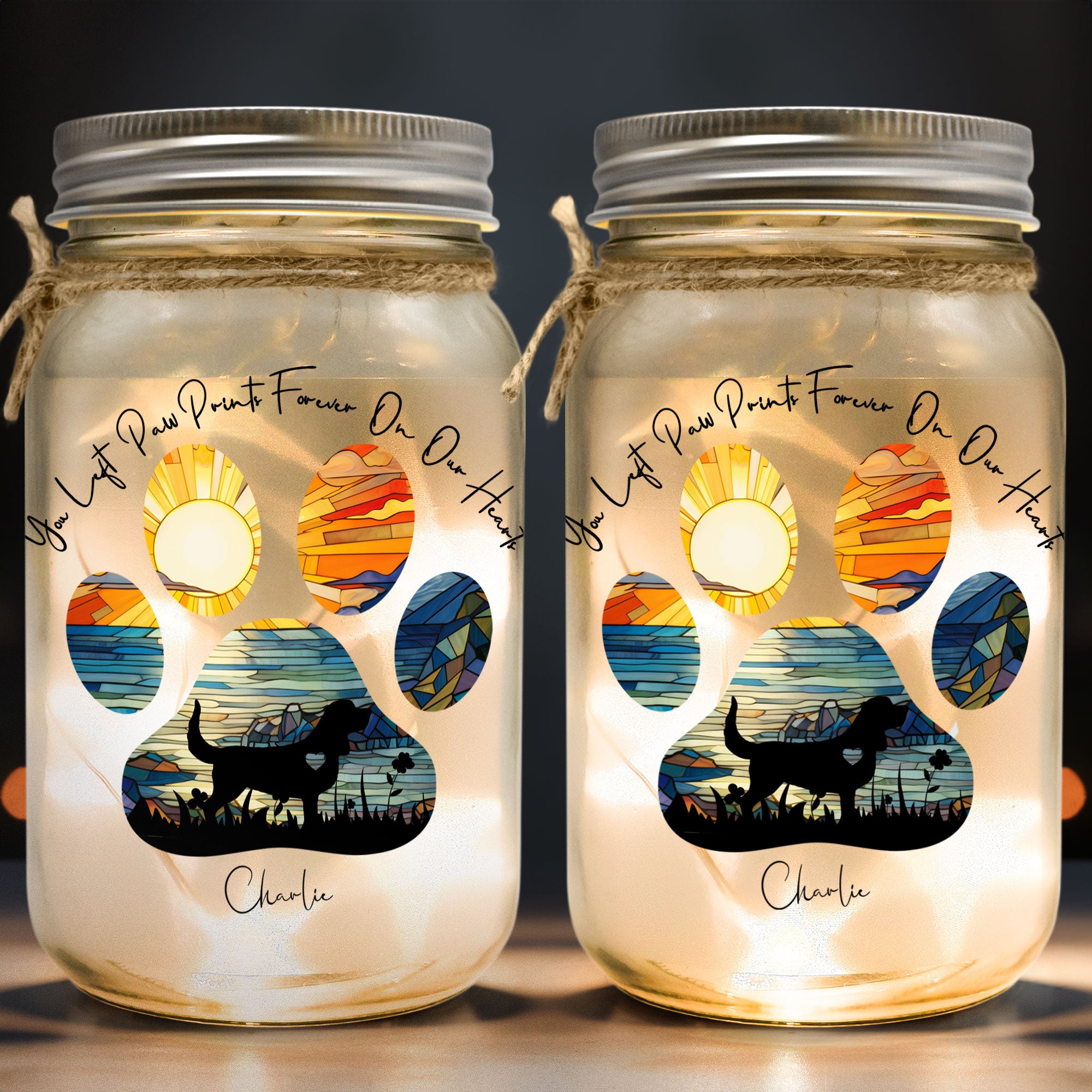 You Left Paw Prints Forever On My Heart - Personalized Mason Jar Light