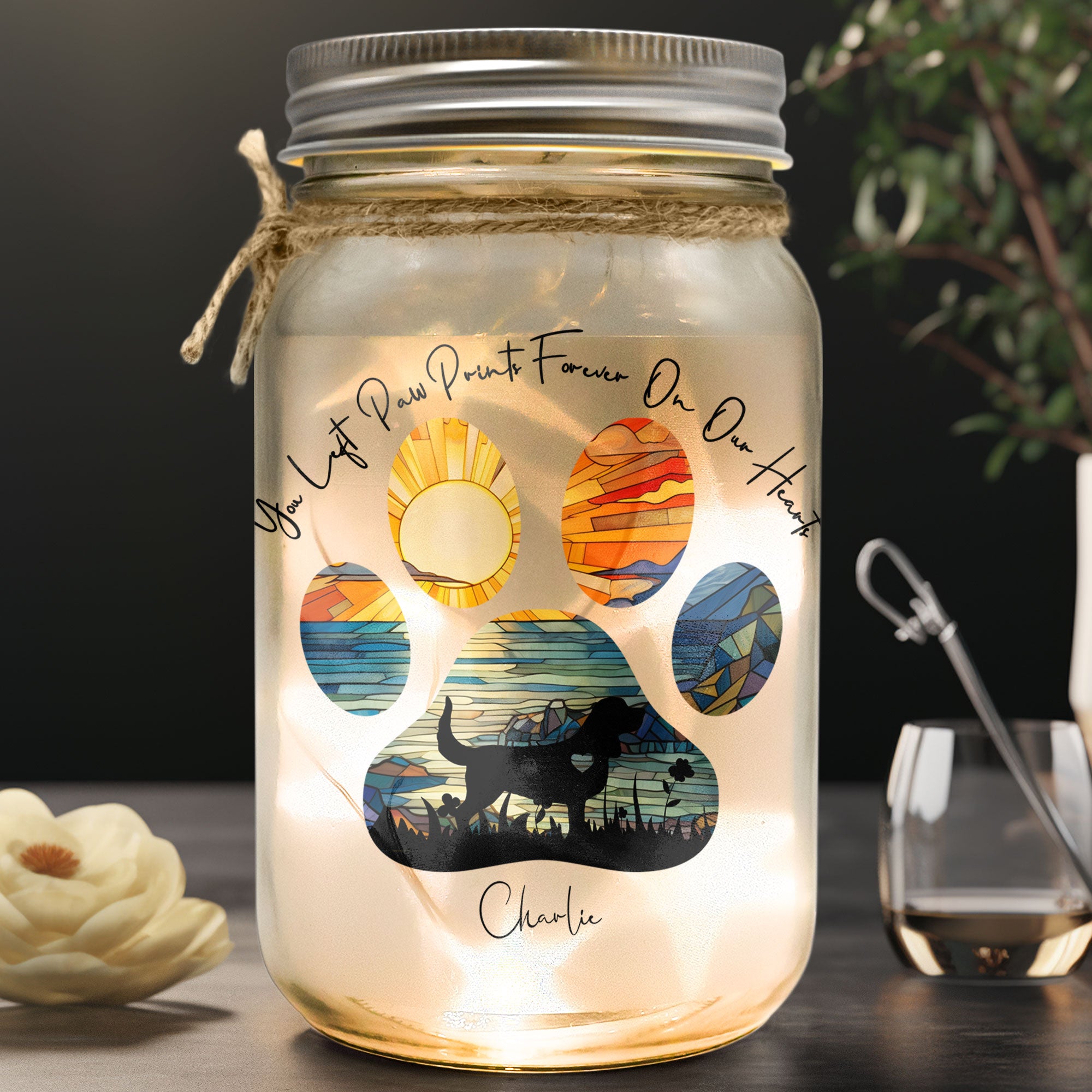 You Left Paw Prints Forever On My Heart - Personalized Mason Jar Light