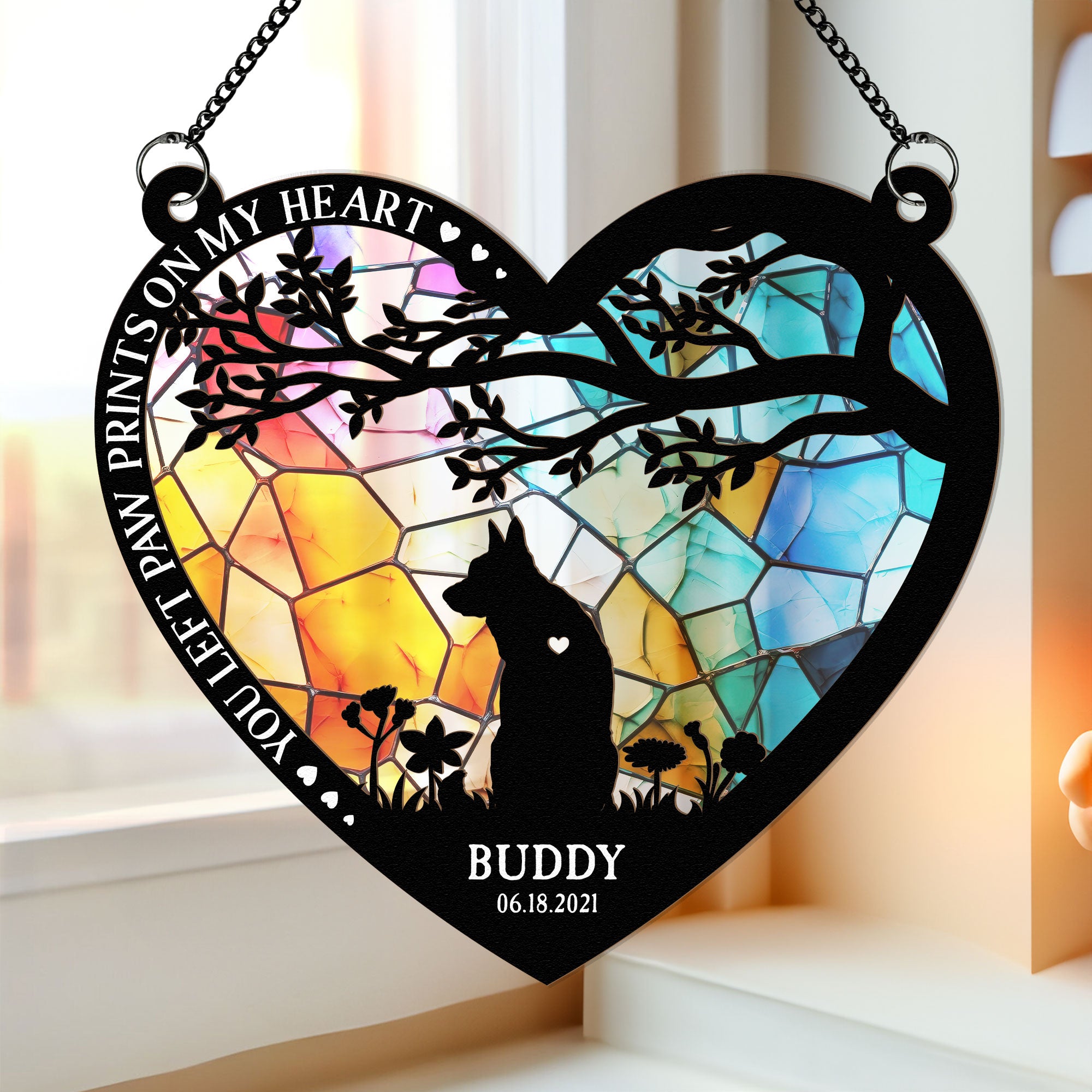 You Left Paw Prints On My Heart - Personalized Window Hanging Suncatcher Ornament