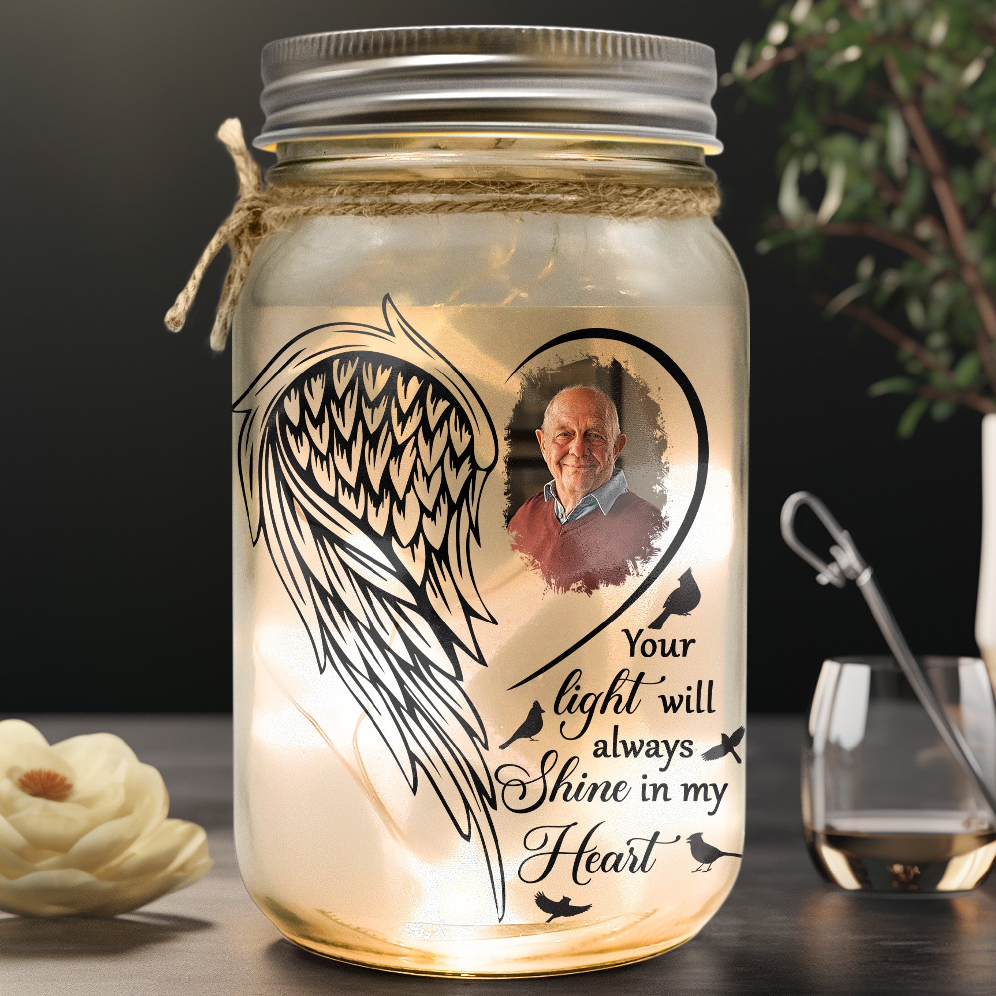 Your Light Will Always Shine In My Heart - Personalized Mason Jar Photo Light