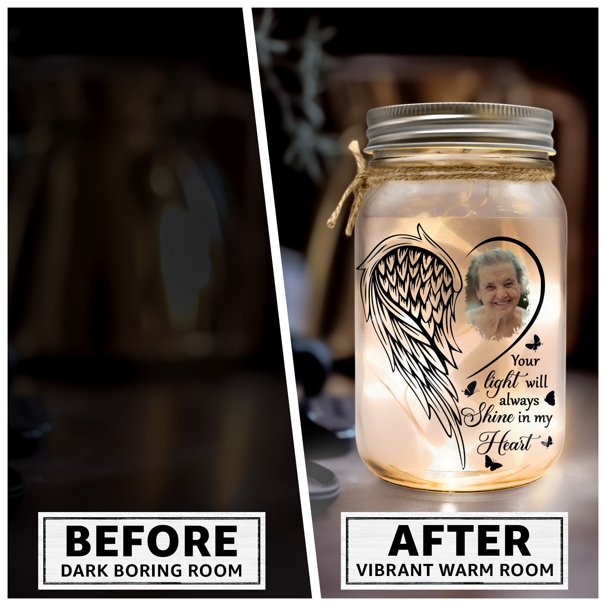 Your Light Will Always Shine In My Heart - Personalized Mason Jar Photo Light