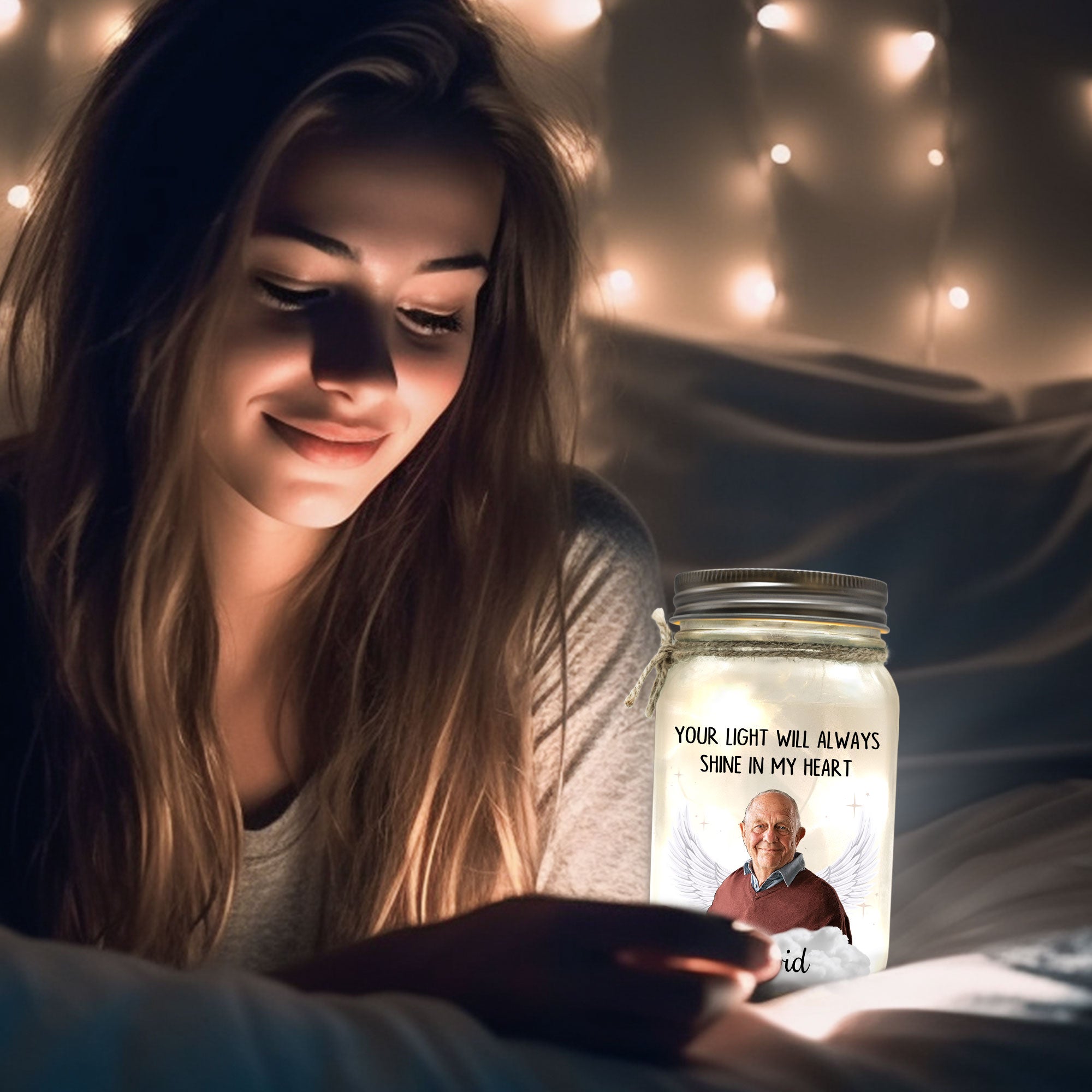 Your Light Will Always Shine In My Heart - Personalized Photo Mason Jar Light