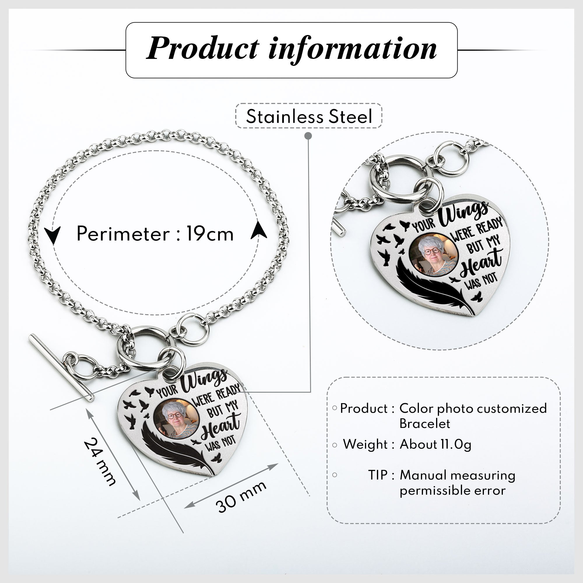 Your Wings Were Ready Personalized Photo Heart Bracelet