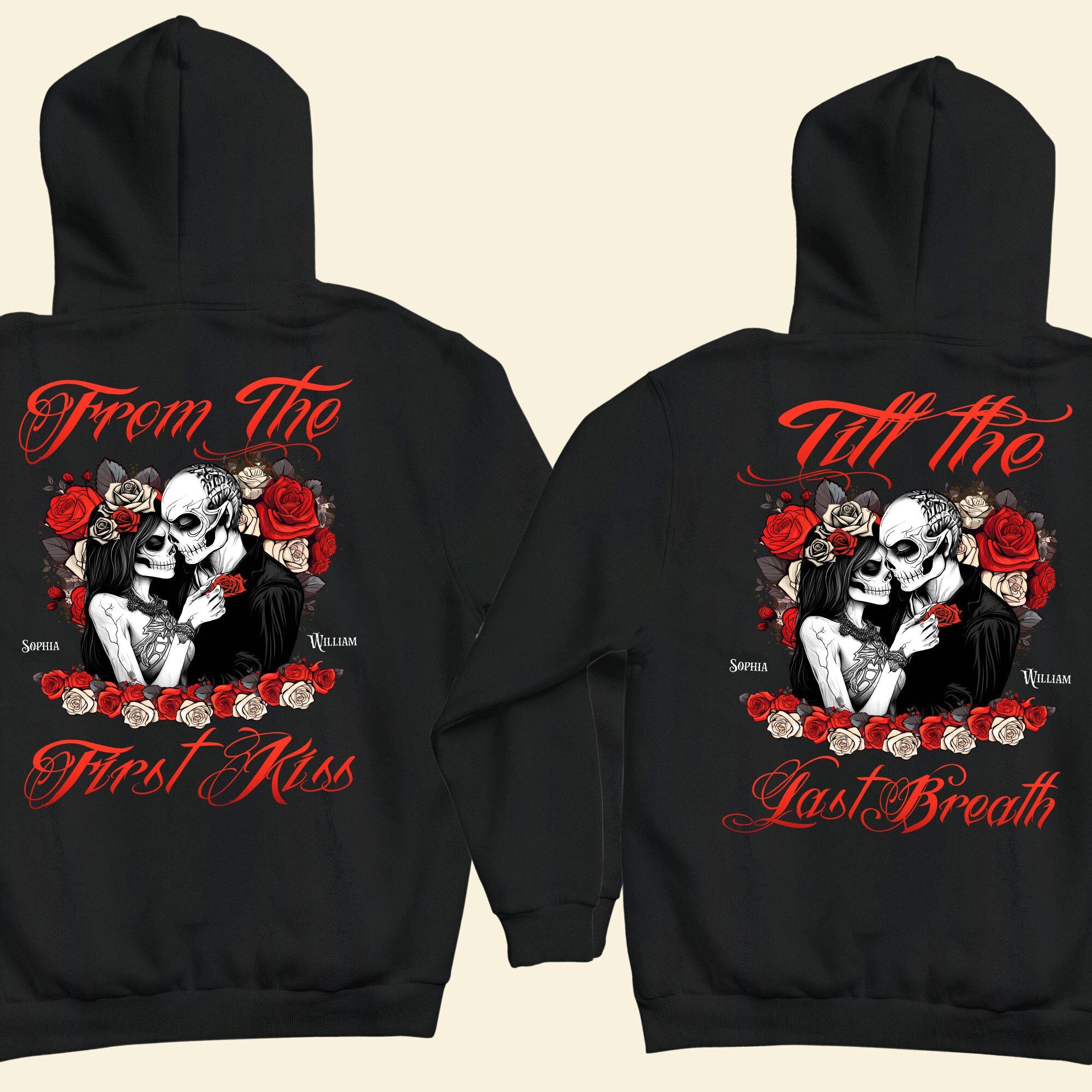 From The First Kiss Till The Last Breath - Personalized Matching Couple Back Printed Hoodies