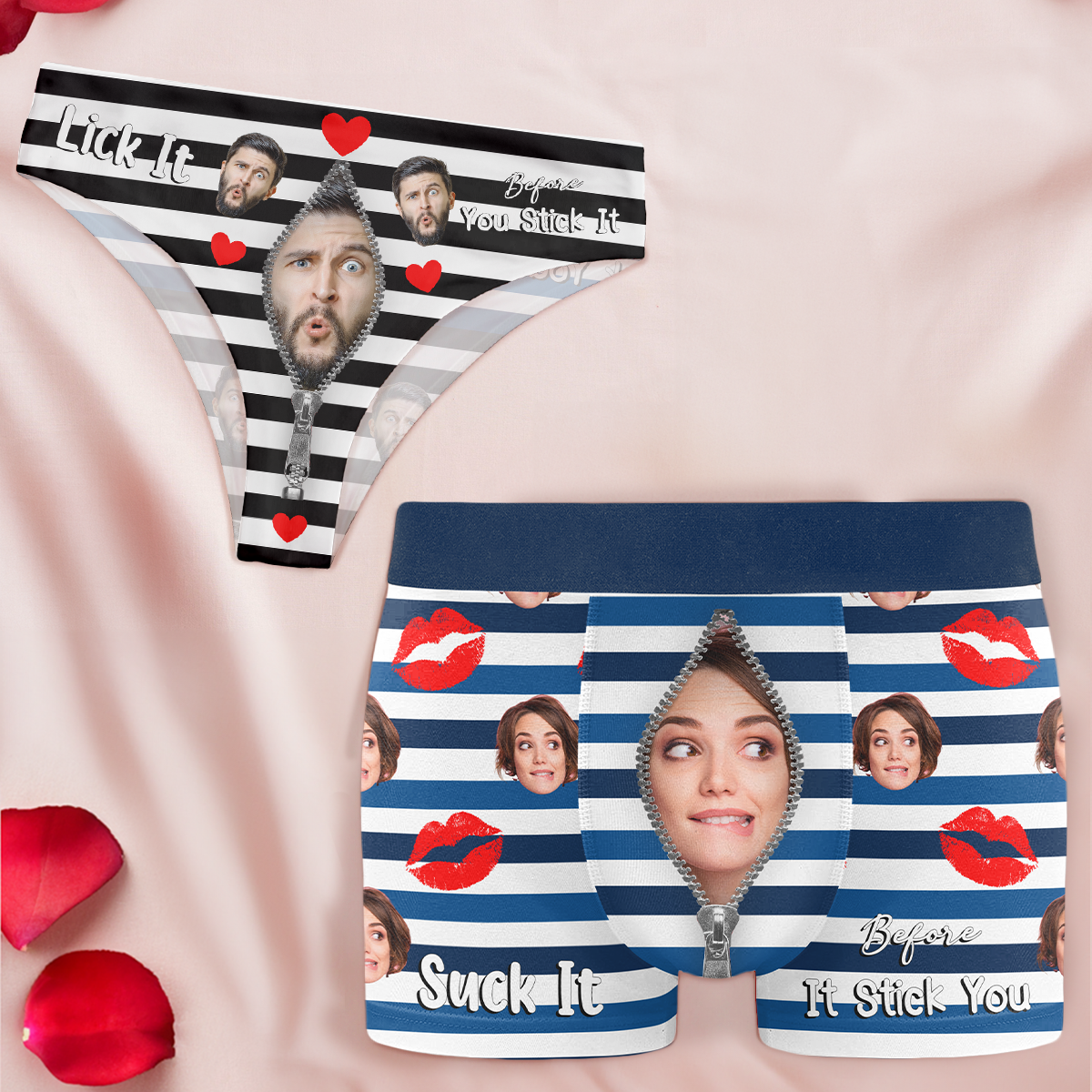 Lick It Stick It Suck It Naughty Funny Couples - Personalized Photo Couple Matching Underwear