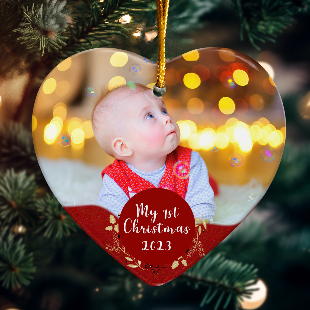 My 1st Christmas - Personalized Heart Shaped Ceramic Photo Ornament