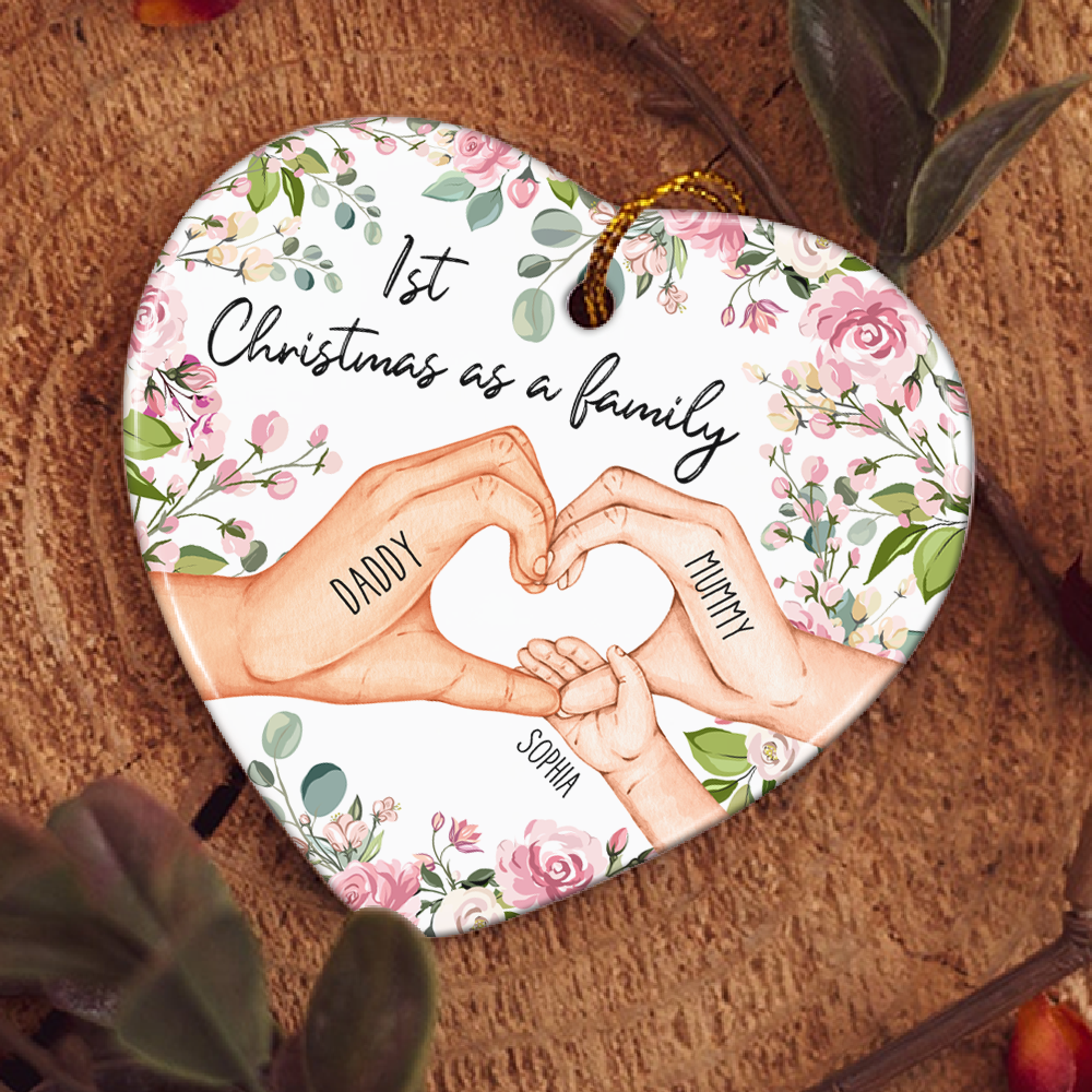 1st Christmas As A Family  - Personalized Heart Shaped Ceramic Ornament