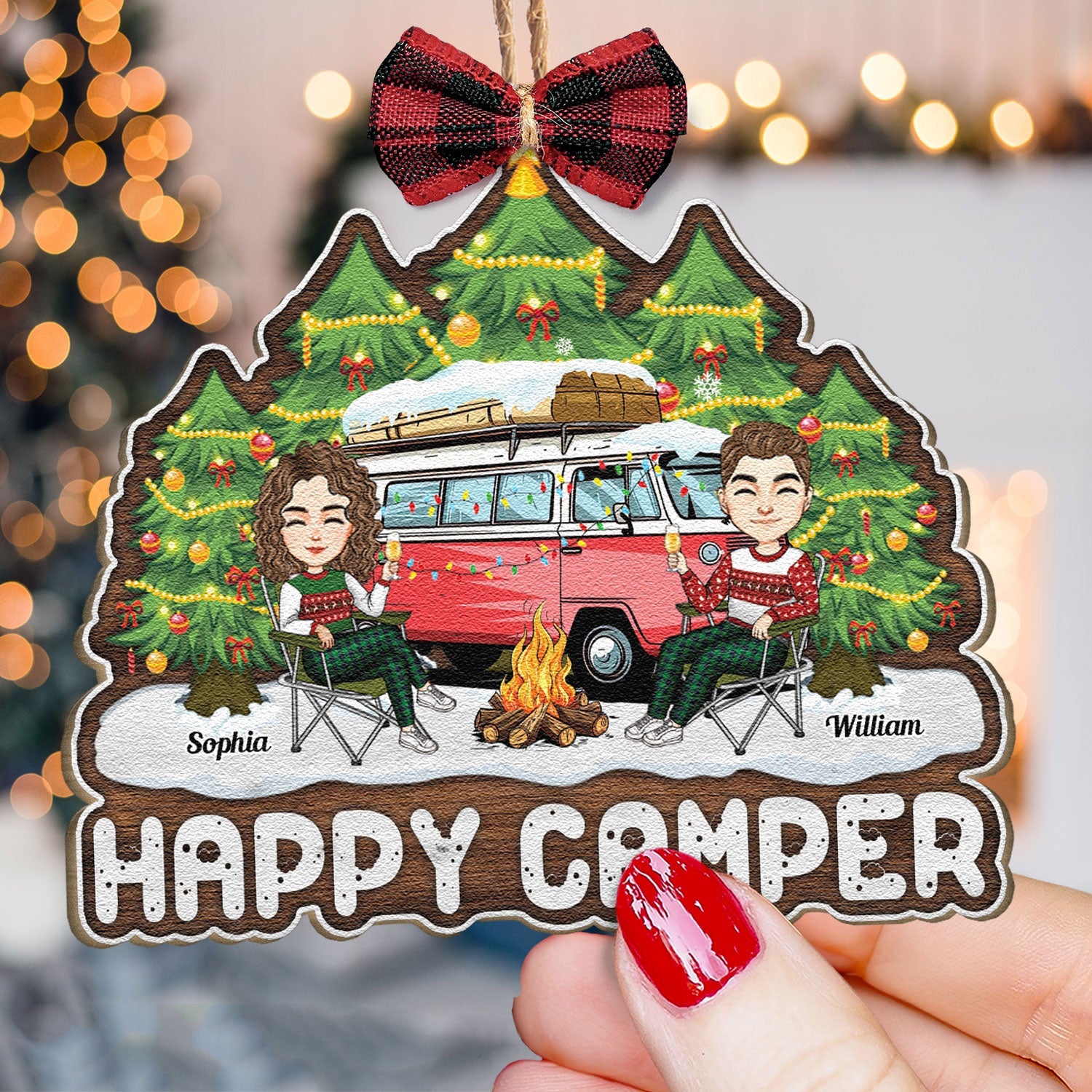 Happy Camper Camping Couples - Personalized Custom Shaped Wooden Ornament