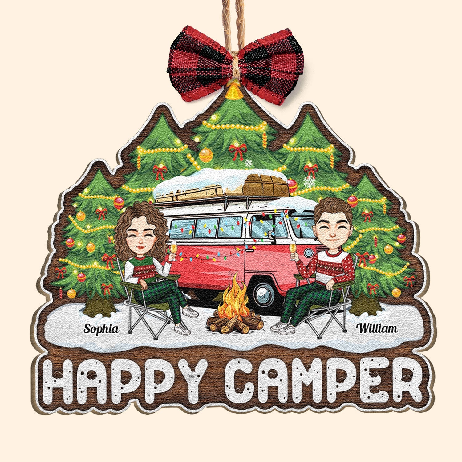 Happy Camper Camping Couples - Personalized Custom Shaped Wooden Ornament