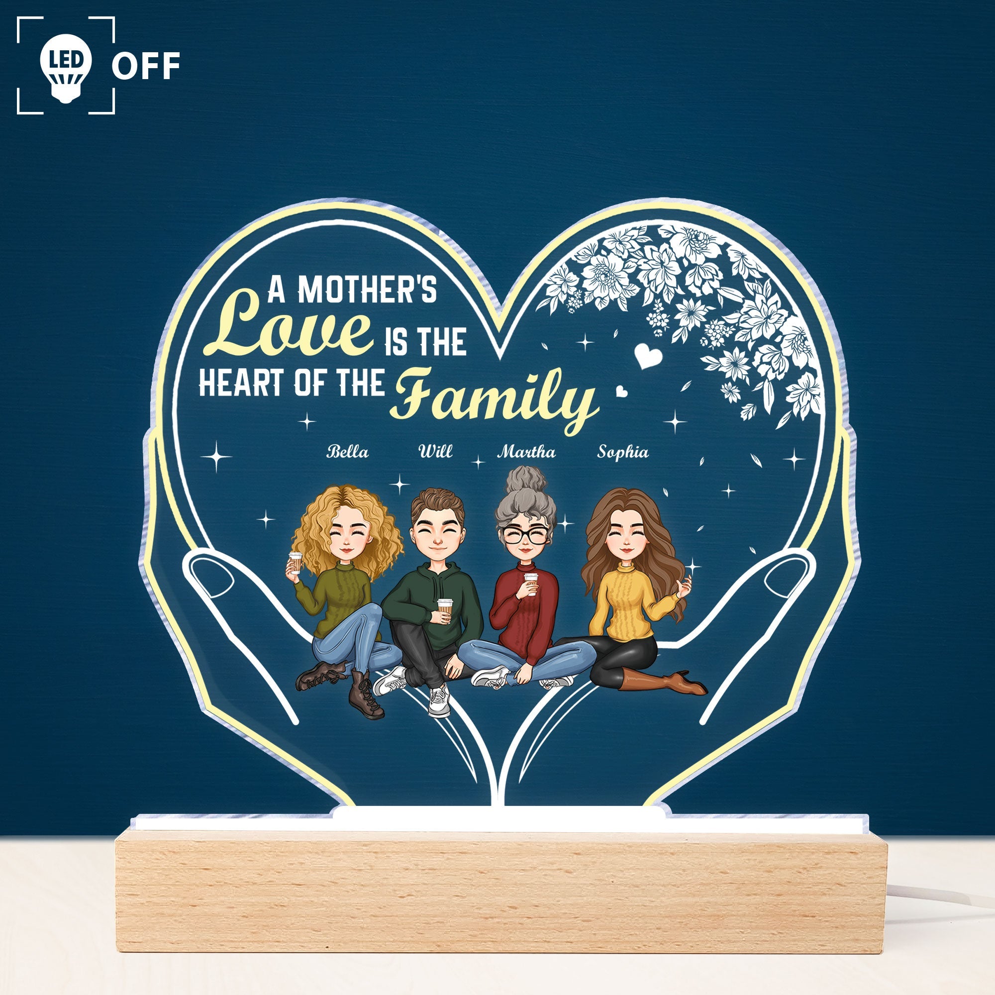 A Mother's Love Is The Heart Of The Family - Personalized 3D LED Light Wooden Base - Mother's Day, Birthday Gift For Mom, Mother