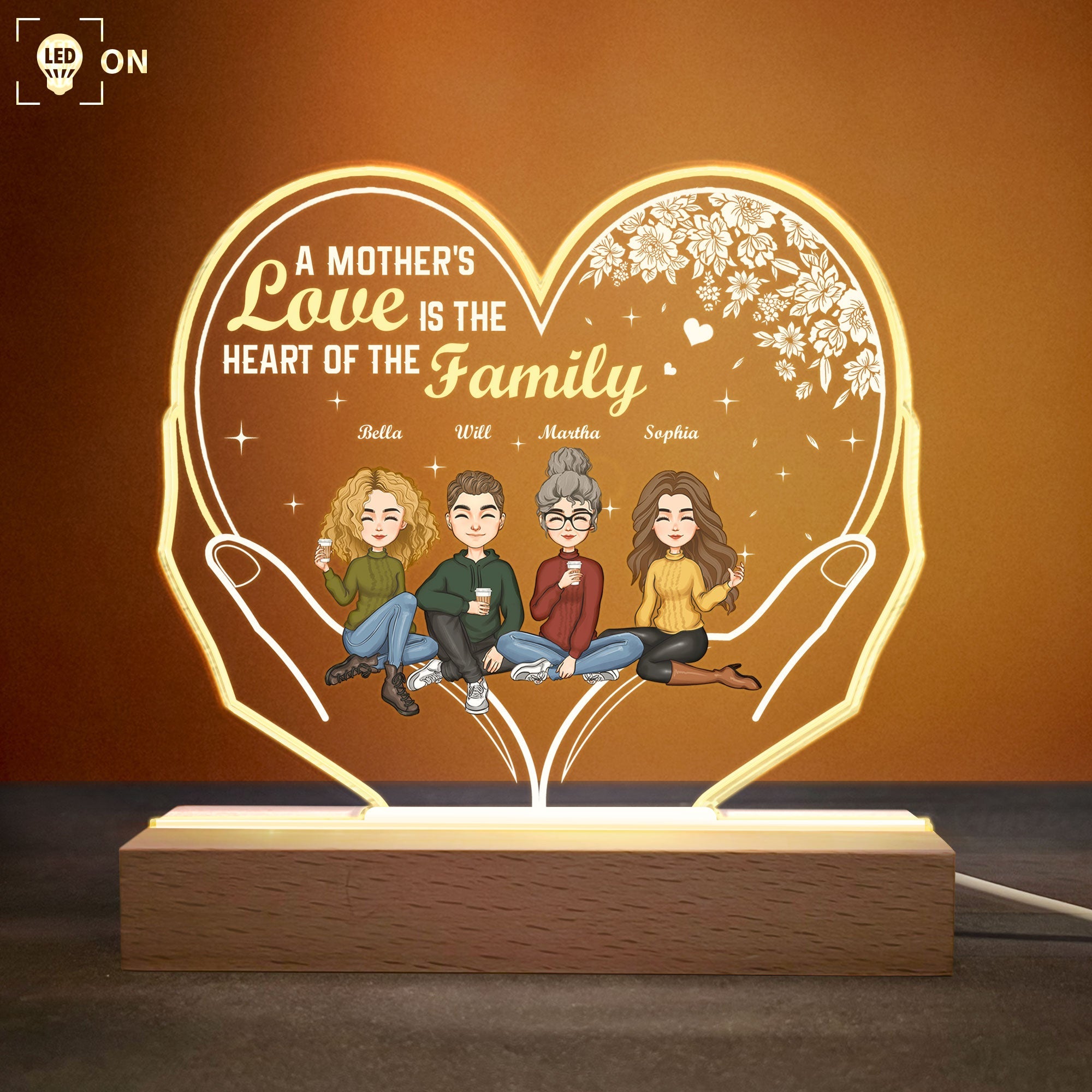 A Mother's Love Is The Heart Of The Family - Personalized 3D LED Light Wooden Base - Mother's Day, Birthday Gift For Mom, Mother