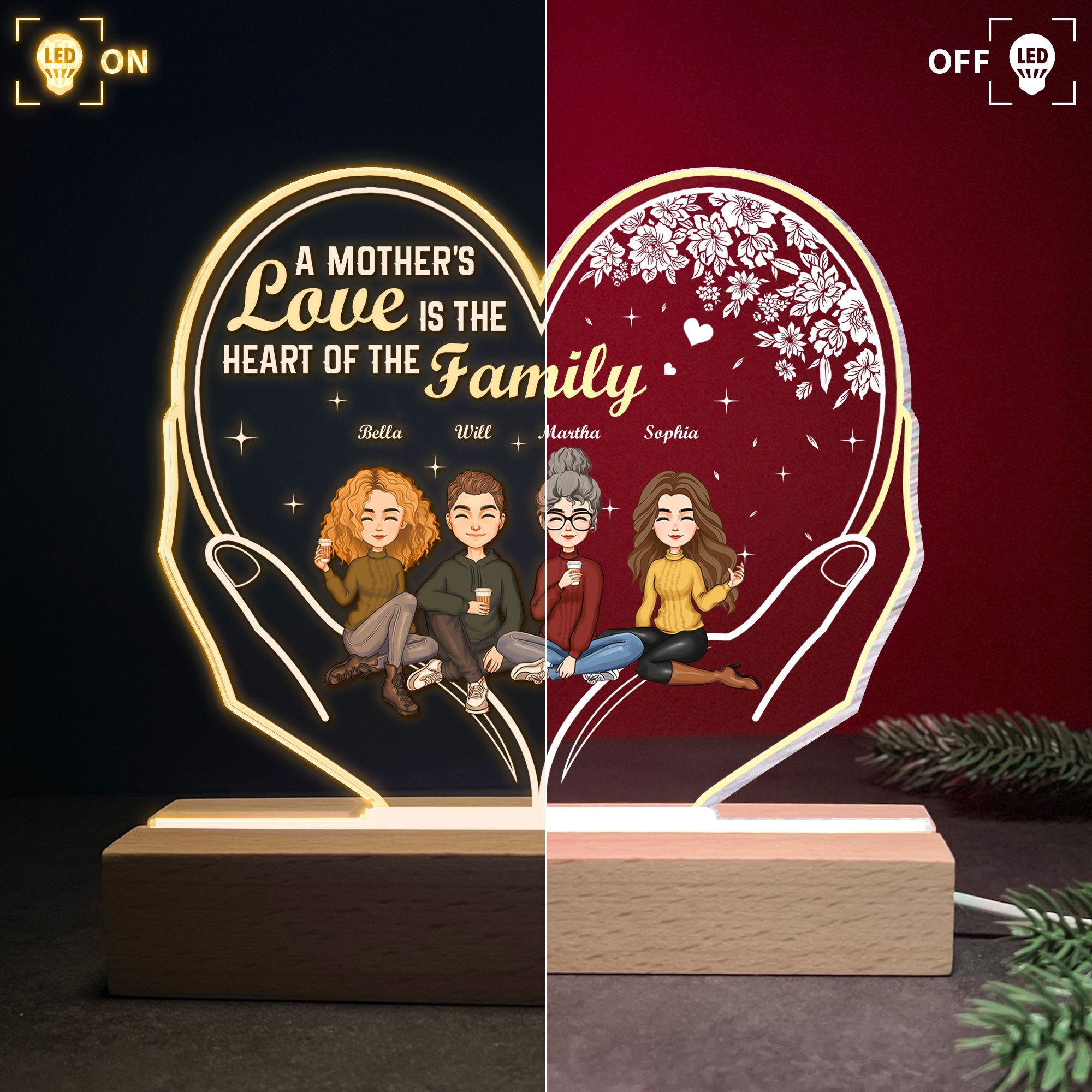 A Mother's Love Is The Heart Of The Family - Personalized 3D LED Light Wooden Base - Mother's Day, Birthday Gift For Mom, Mother