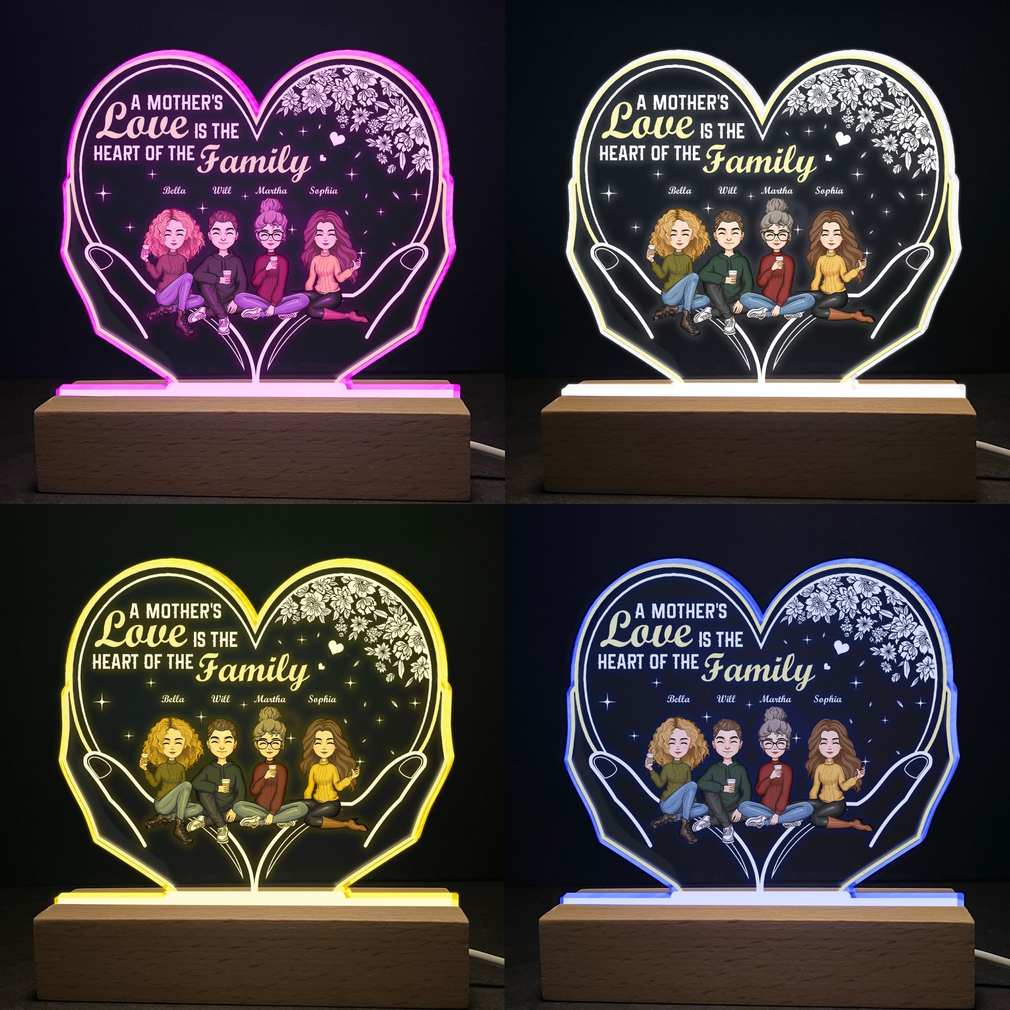 A Mother's Love Is The Heart Of The Family - Personalized 3D LED Light Wooden Base - Mother's Day, Birthday Gift For Mom, Mother