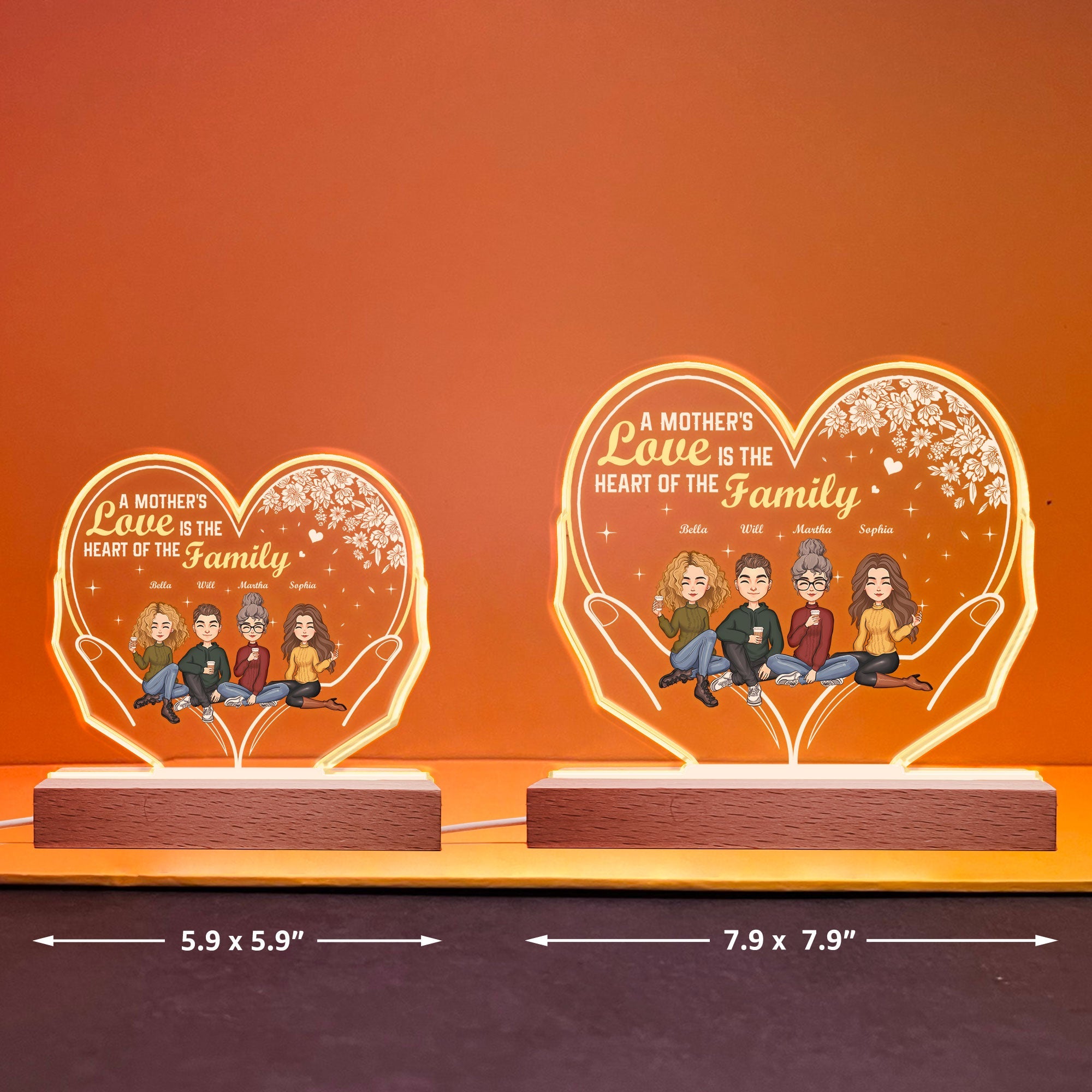 A Mother's Love Is The Heart Of The Family - Personalized 3D LED Light Wooden Base - Mother's Day, Birthday Gift For Mom, Mother