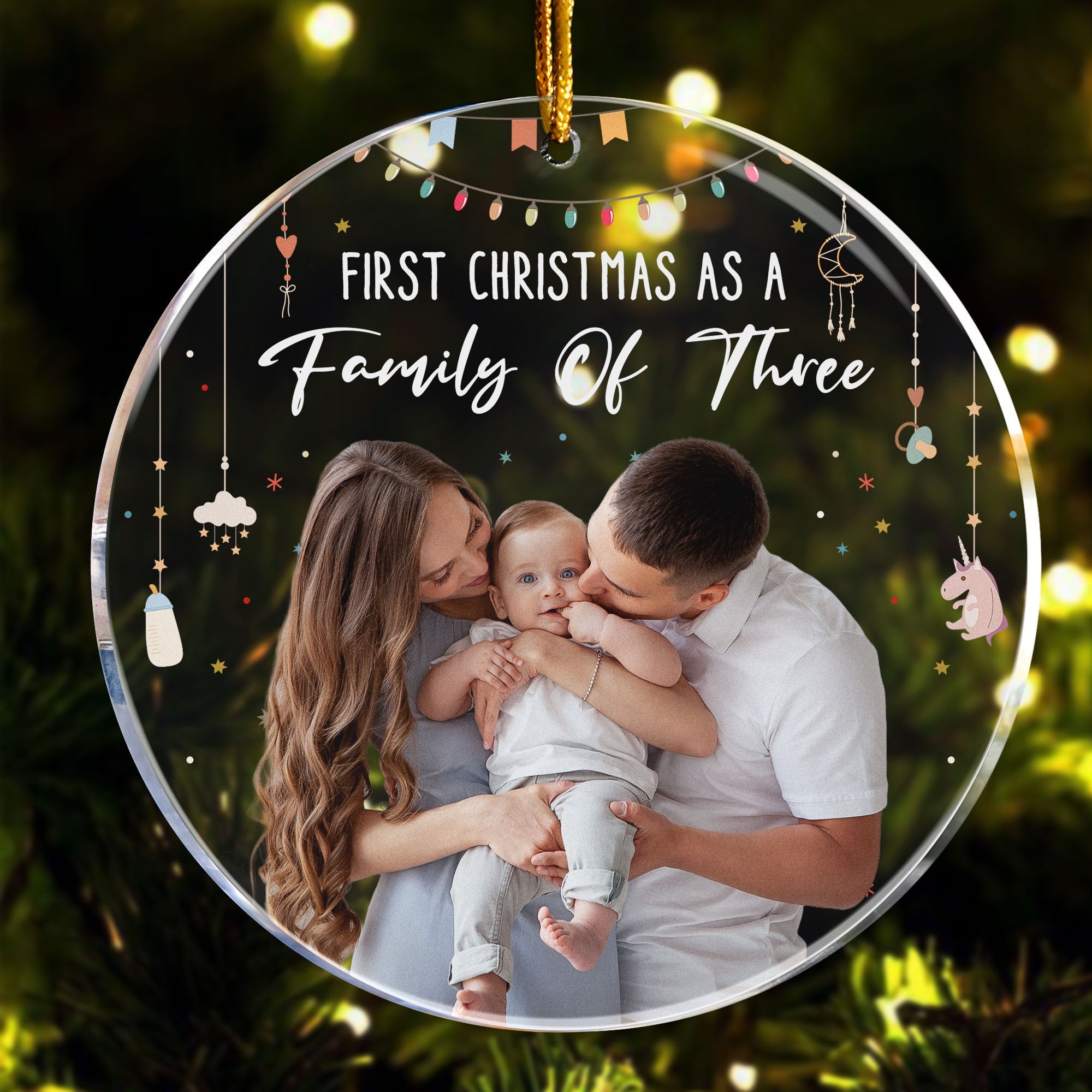 Baby First Christmas As A Family Of Three - Personalized Photo Acrylic Ornament