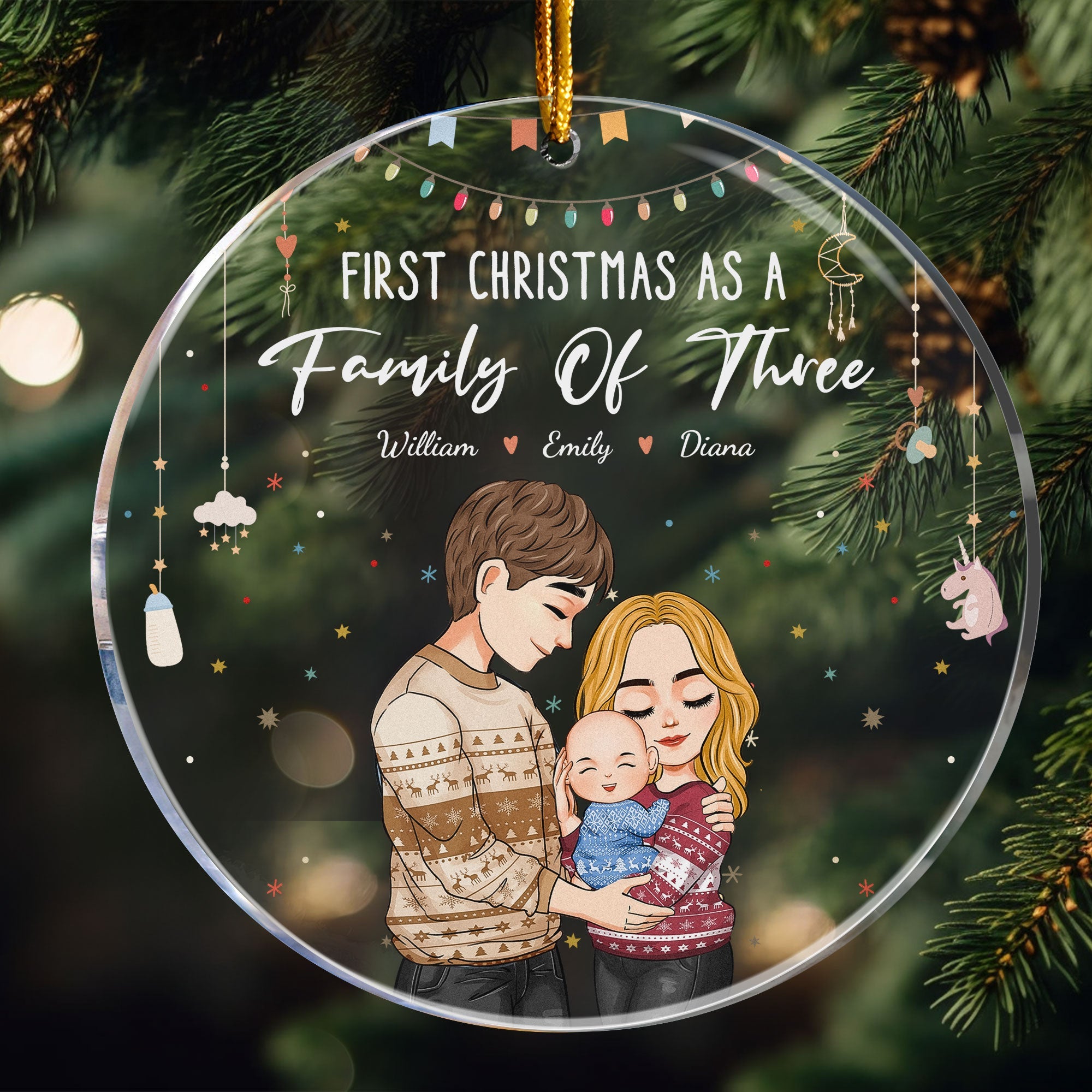 Baby First Christmas As A Family Of Three - Personalized Circle Acrylic Ornament