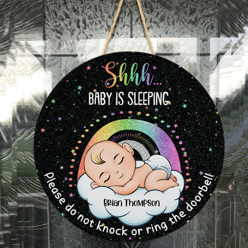 Baby Is Sleeping - Personalized Round Wood Sign