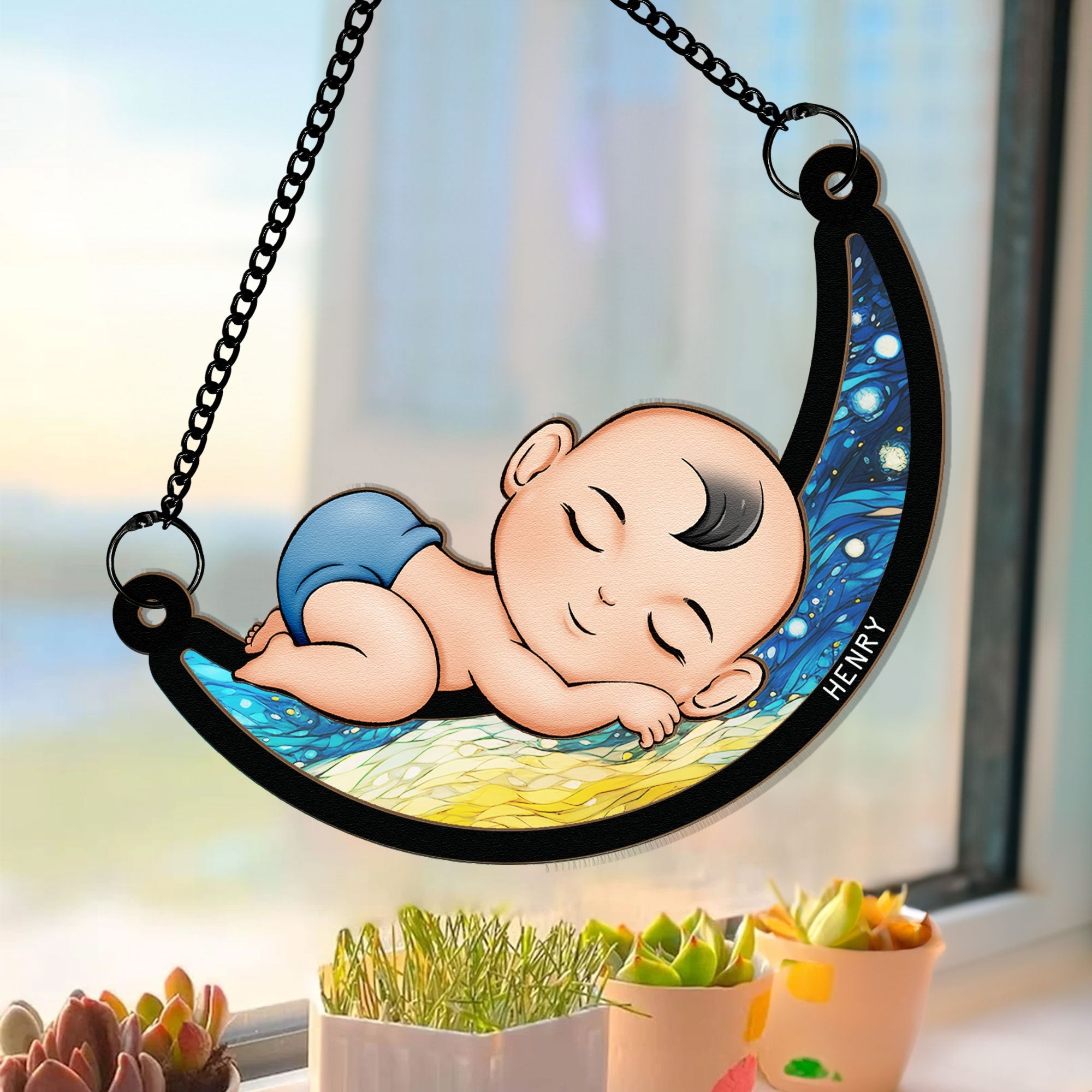 Baby Sleeping On The Moon - Personalized Window Hanging Suncatcher Ornament