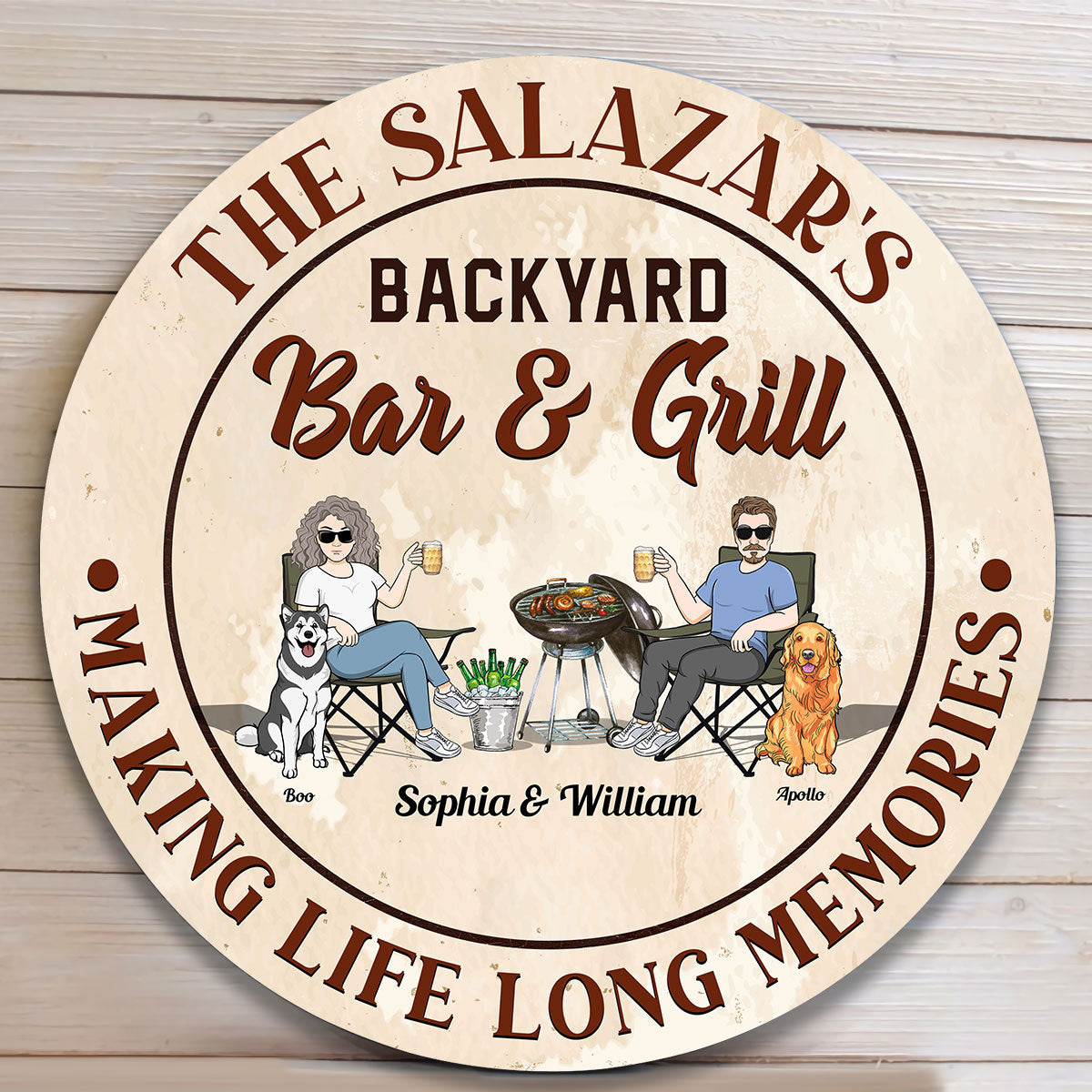 Backyard Bar & Grill - Personalized Round Wood Sign