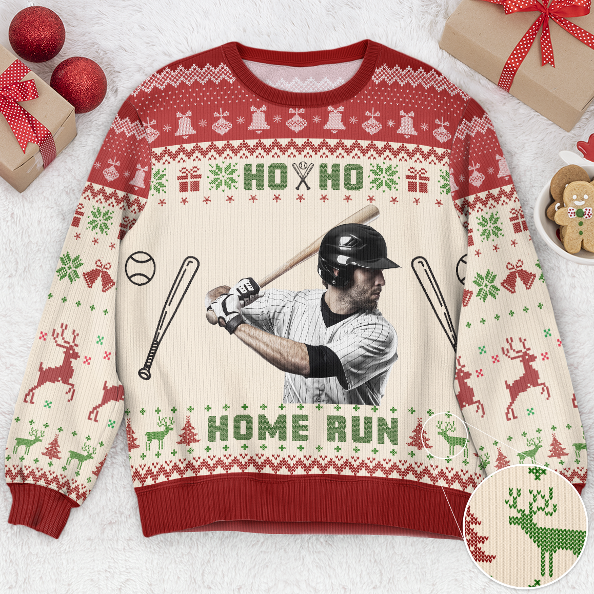 Baseball Ho Ho Home Run - Personalized Photo Ugly Sweater