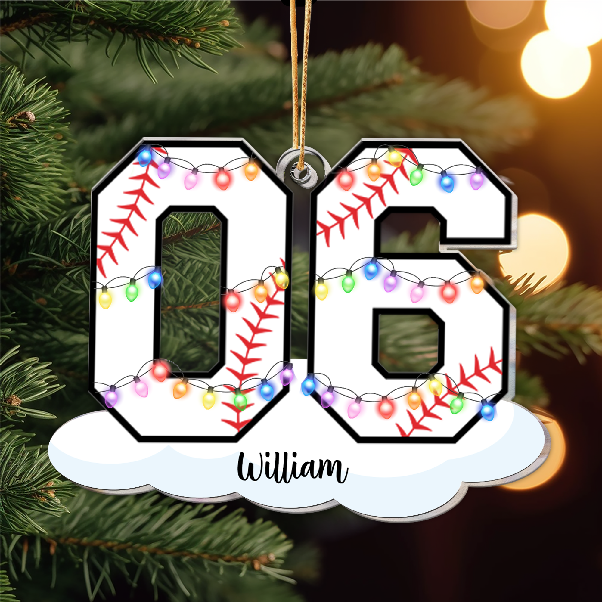 Baseball With Name And Number Christmas Light - Personalized Acrylic Ornament