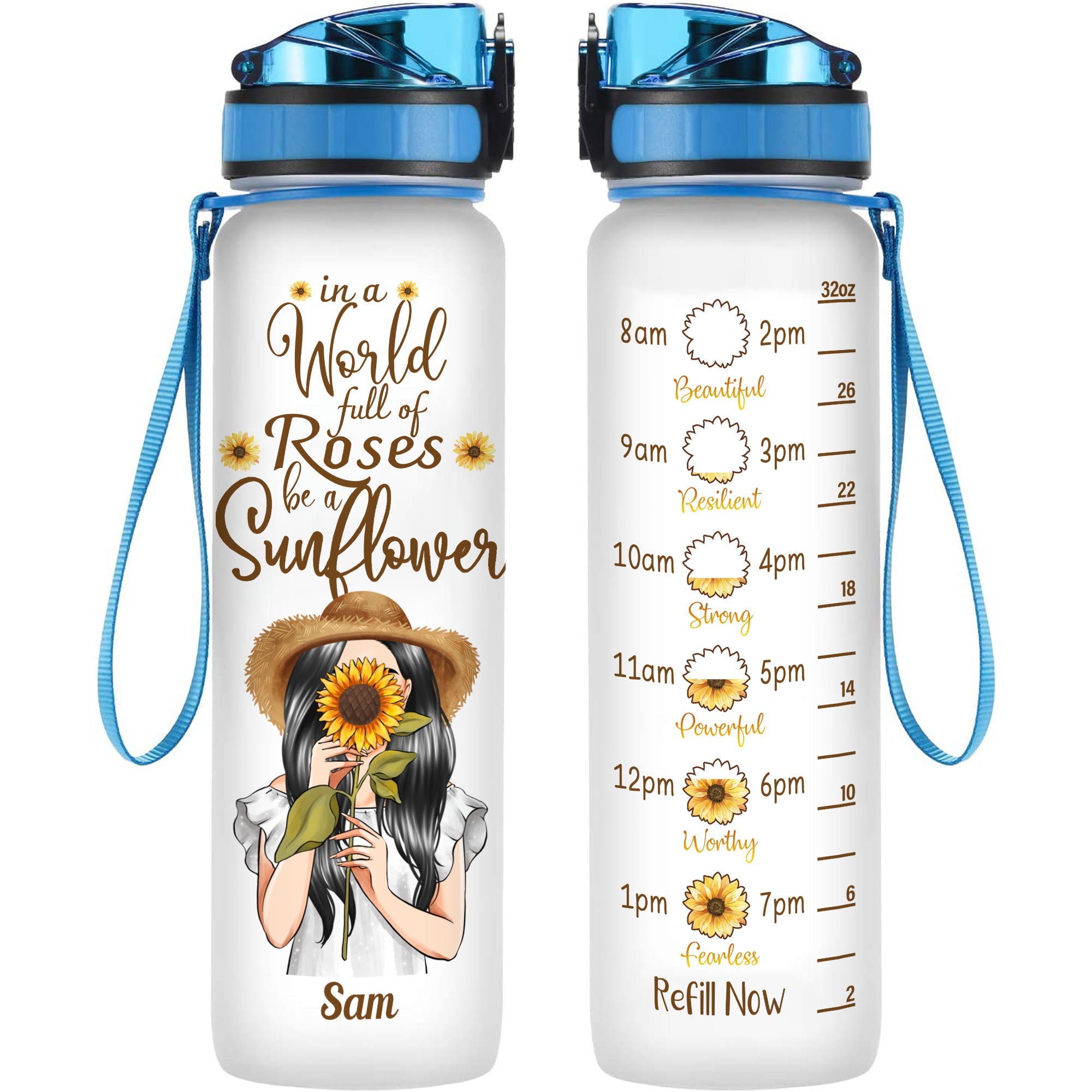 Be A Sunflower Cause You Are Awesome - Personalized Water Tracker Bottle - Birthday, Motivational Gift For Her, Girls, Sunflowers Girl, Positive Gift